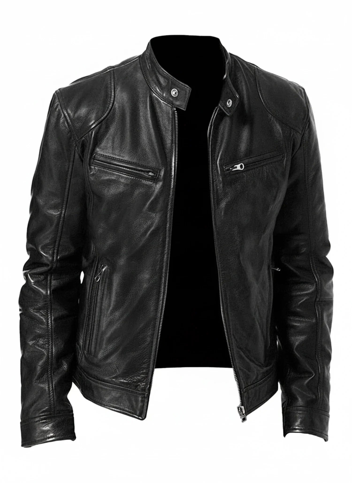 Black PU leather slim fit racer jacket with zip front and stand collar for a modern edgy look