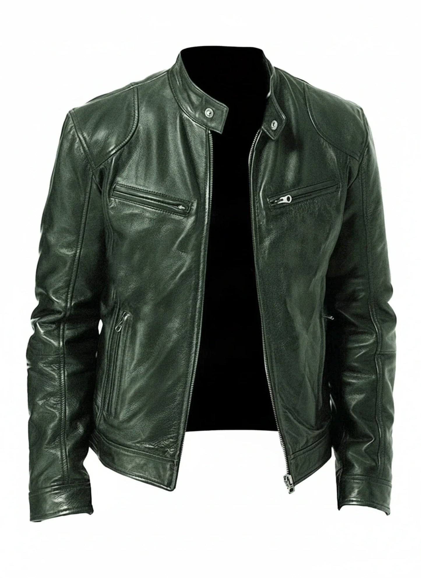 Men's black PU leather racer jacket slim fit zip front stand collar edgy modern style