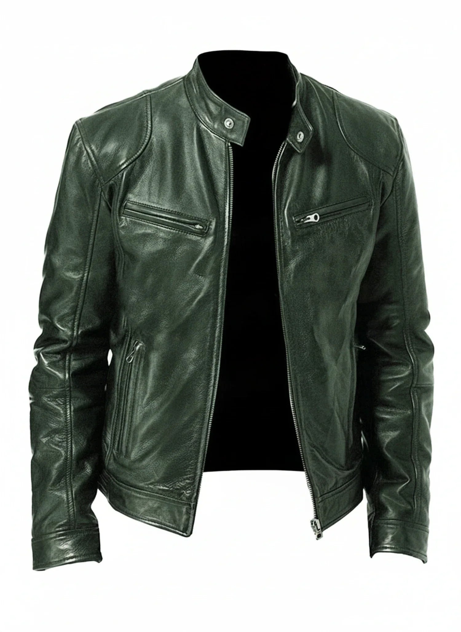 Men's black PU leather racer jacket slim fit zip front stand collar edgy modern style