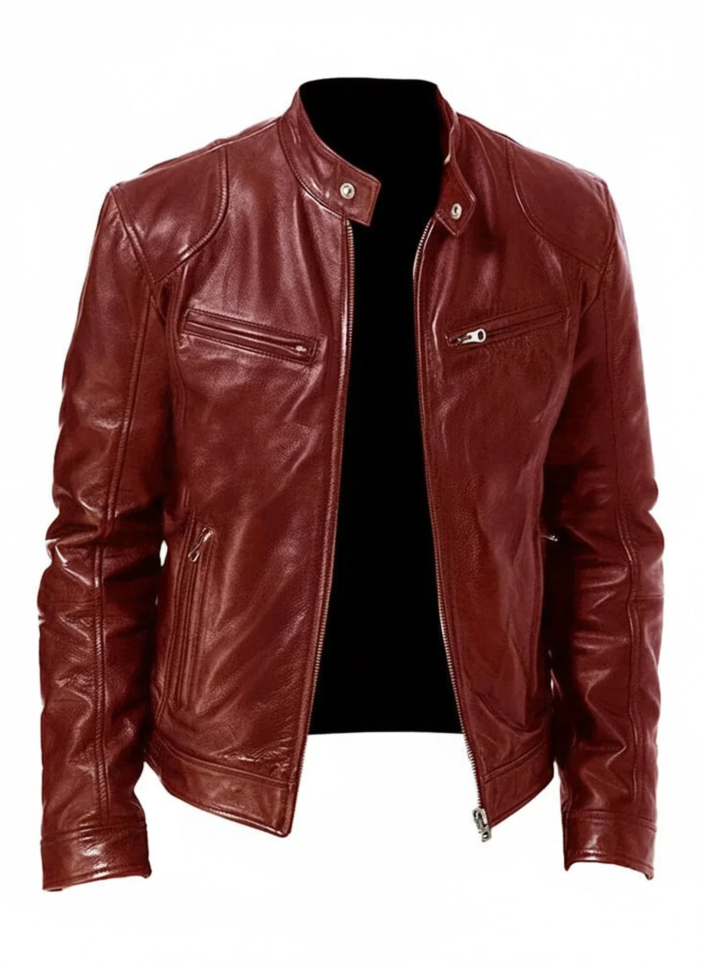 Black slim fit PU leather racer jacket with zip front and stand collar for a modern edgy look