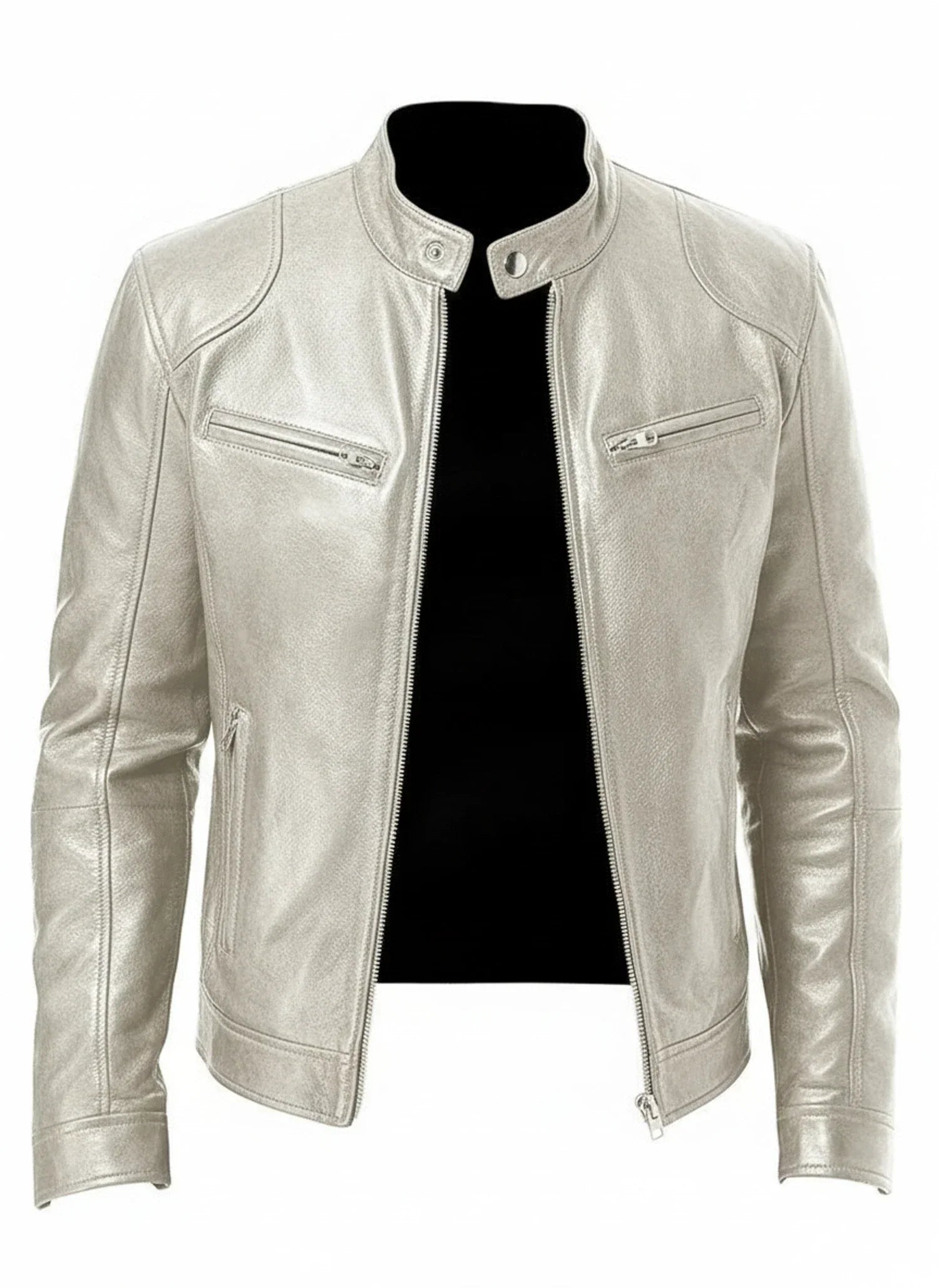 Men's black PU leather racer jacket slim fit zip front stand collar edgy modern style