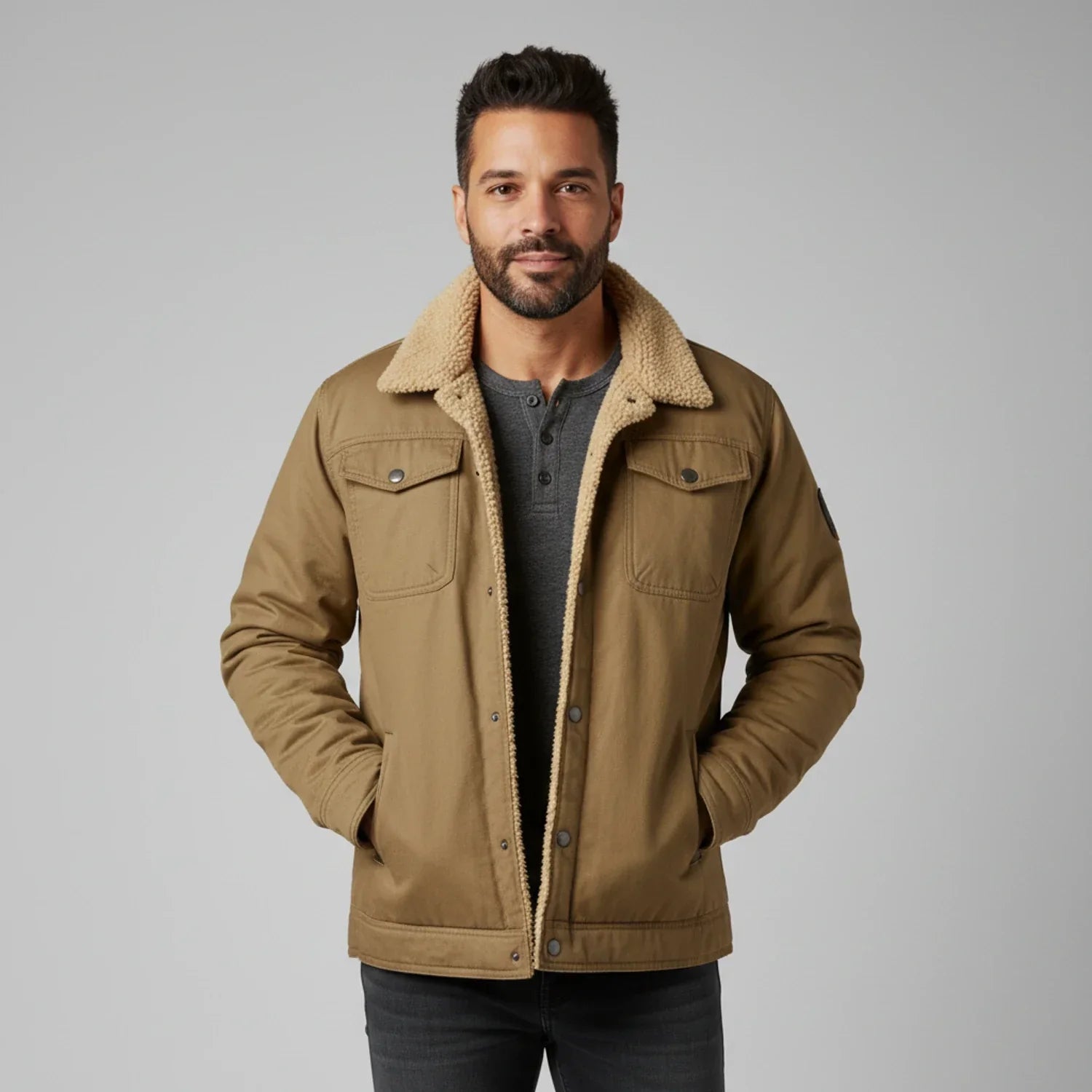 Men's sherpa collar trucker jacket cozy lining front button closure chest pockets casual outerwear
