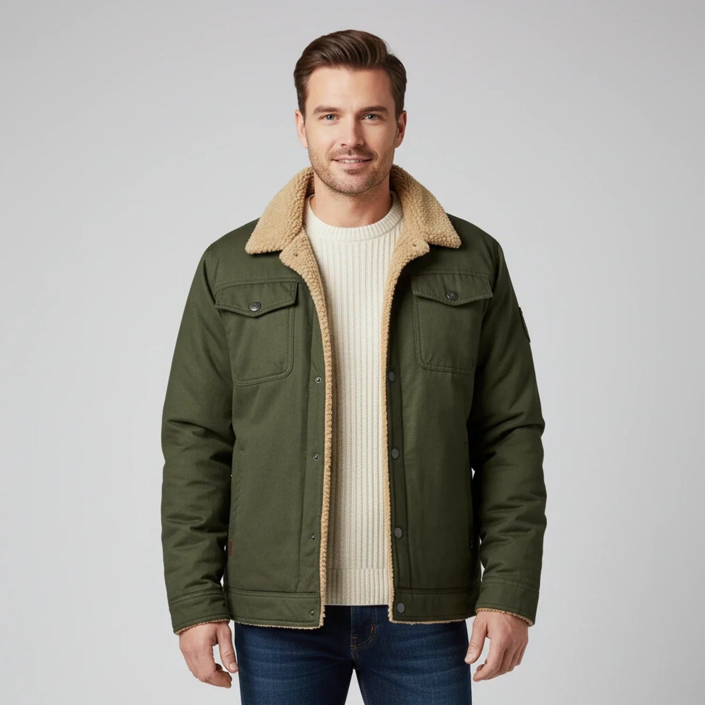 Men's sherpa collar trucker jacket cozy lining front button closure chest pockets casual outerwear