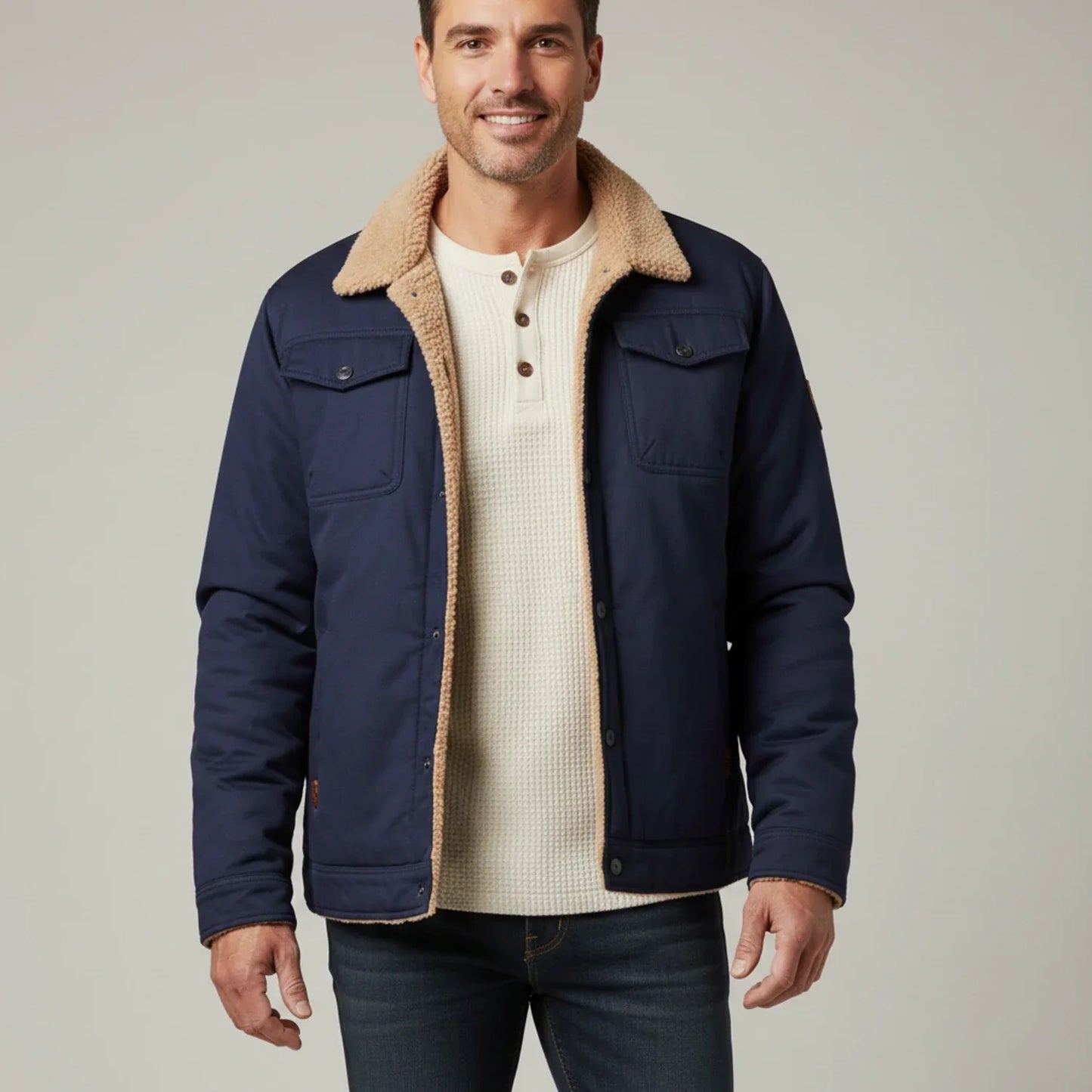Men's brown sherpa collar trucker jacket with cozy lining, front button closure, and chest pockets