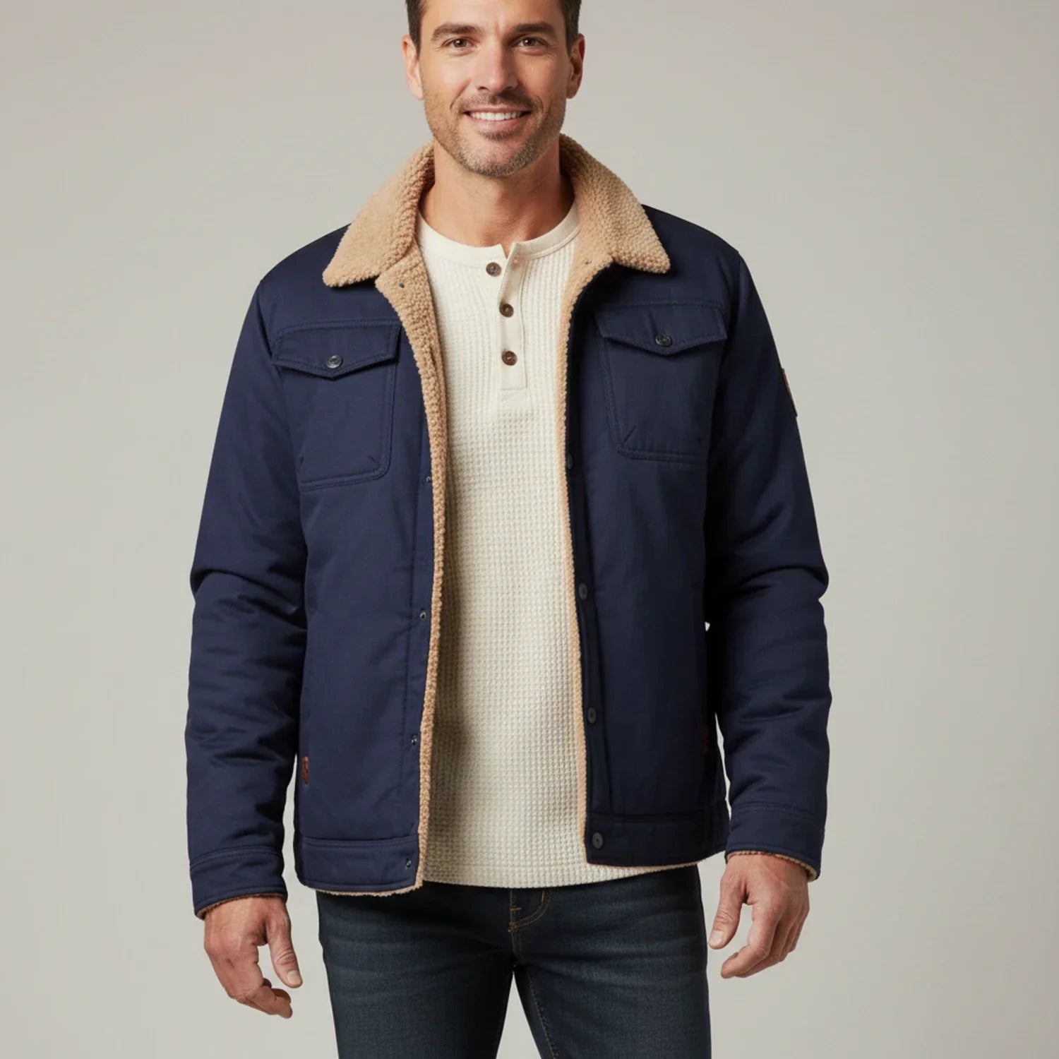 Men's brown sherpa collar trucker jacket with cozy lining, front button closure, and chest pockets
