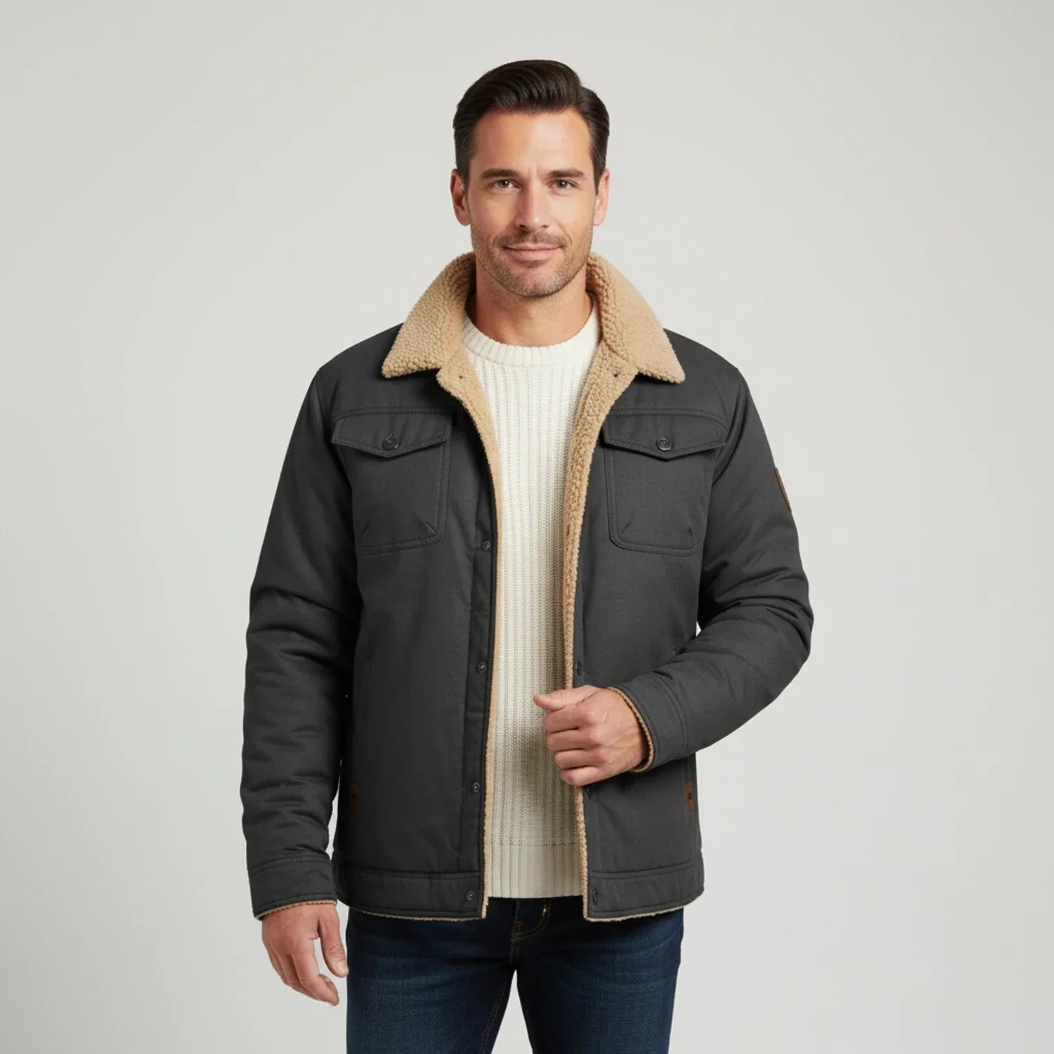 Men's sherpa collar trucker jacket cozy lining front button closure chest pockets casual outerwear