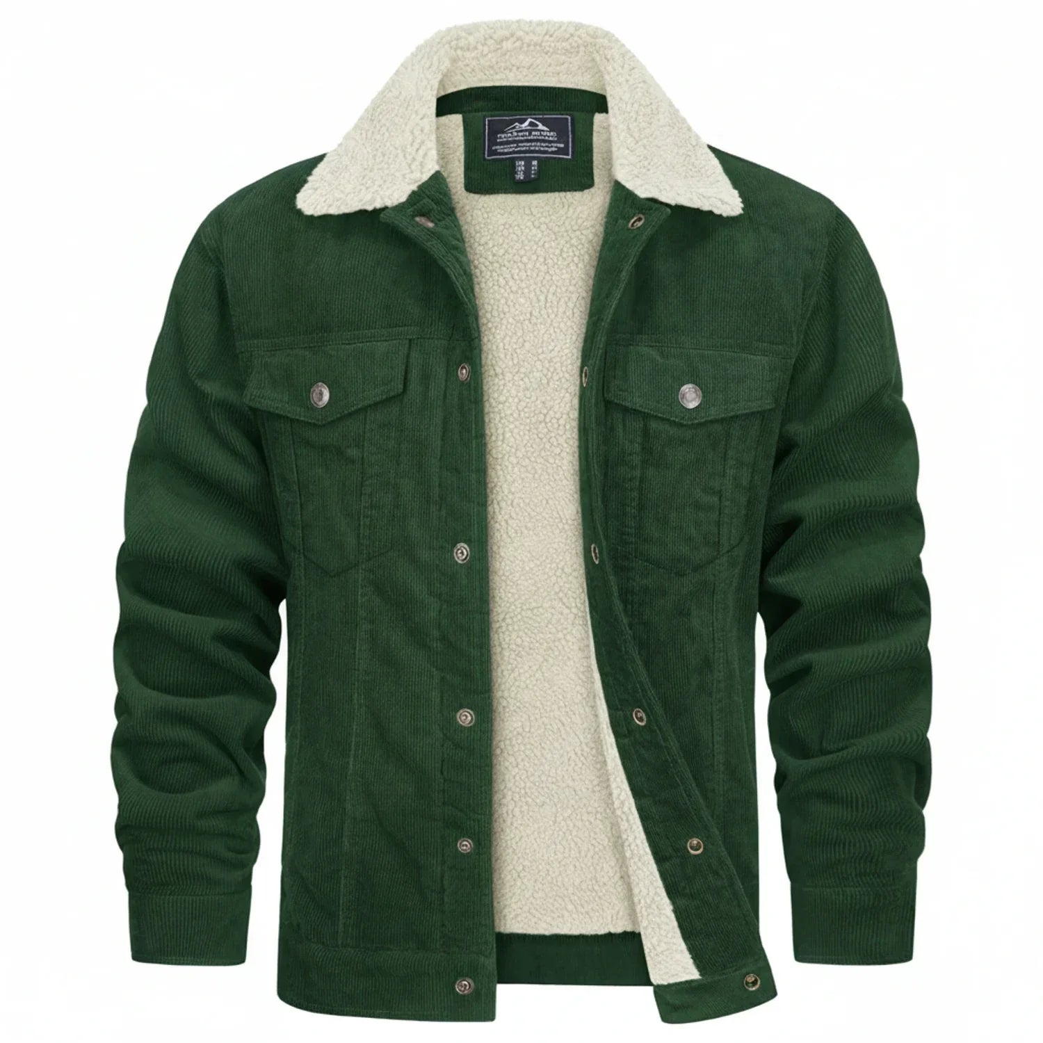 Men's brown corduroy jacket sherpa lined with plush collar and front flap pockets vintage rugged style