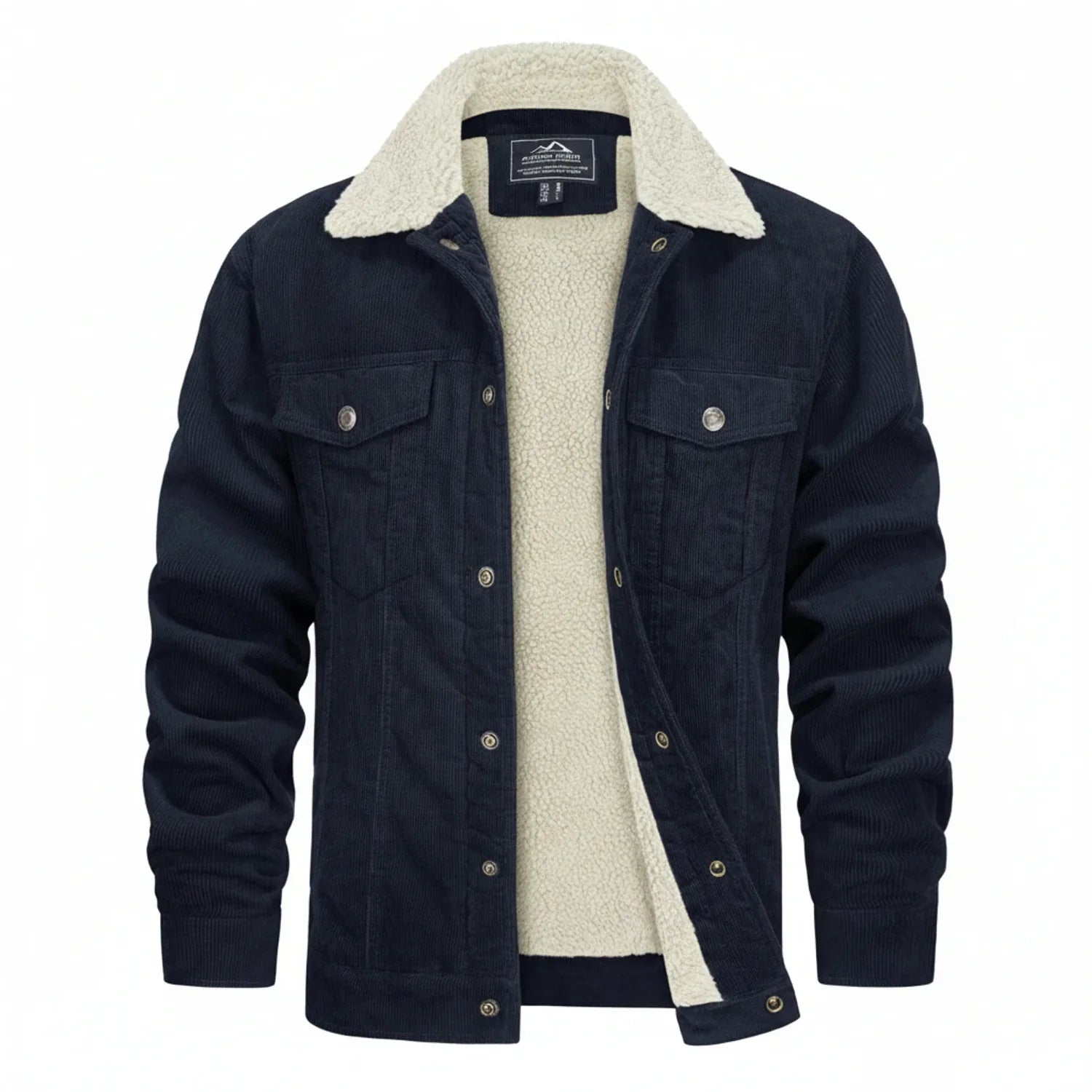 Men's brown corduroy jacket sherpa-lined with plush collar and front flap pockets vintage rugged style