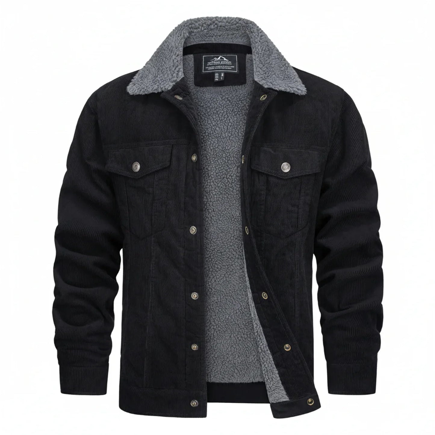 Men's brown corduroy jacket sherpa lined plush collar front flap pockets rugged vintage style