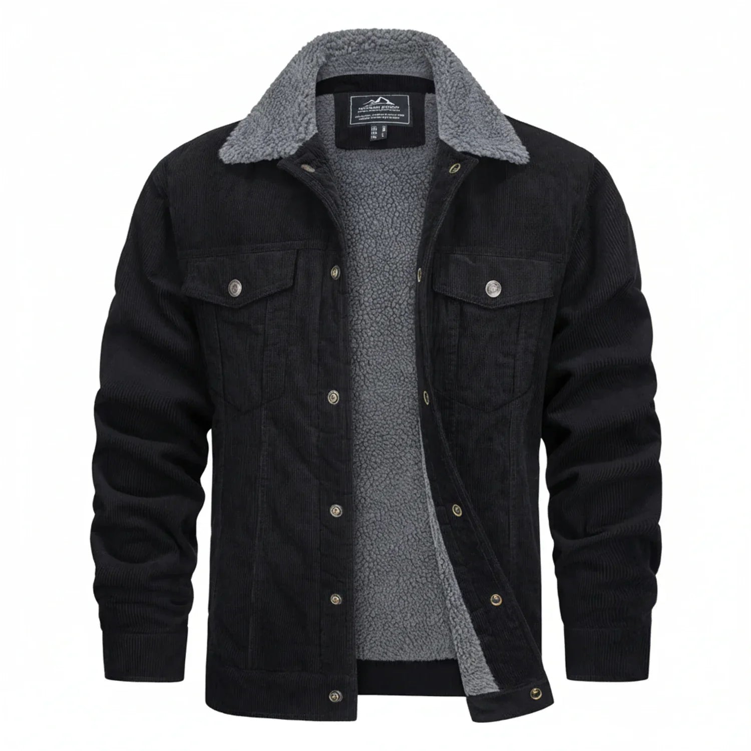 Men's brown corduroy jacket sherpa lined plush collar front flap pockets rugged vintage style