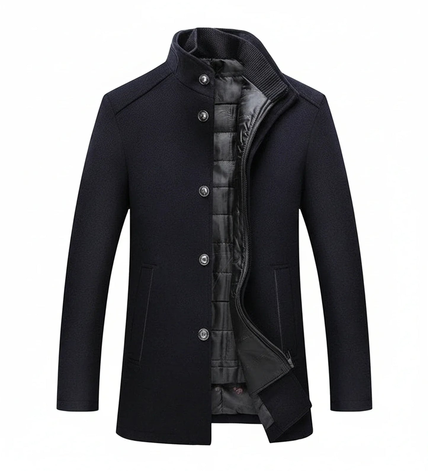 Men's slim fit brown wool overcoat with stand collar and quilted lining for polished everyday style