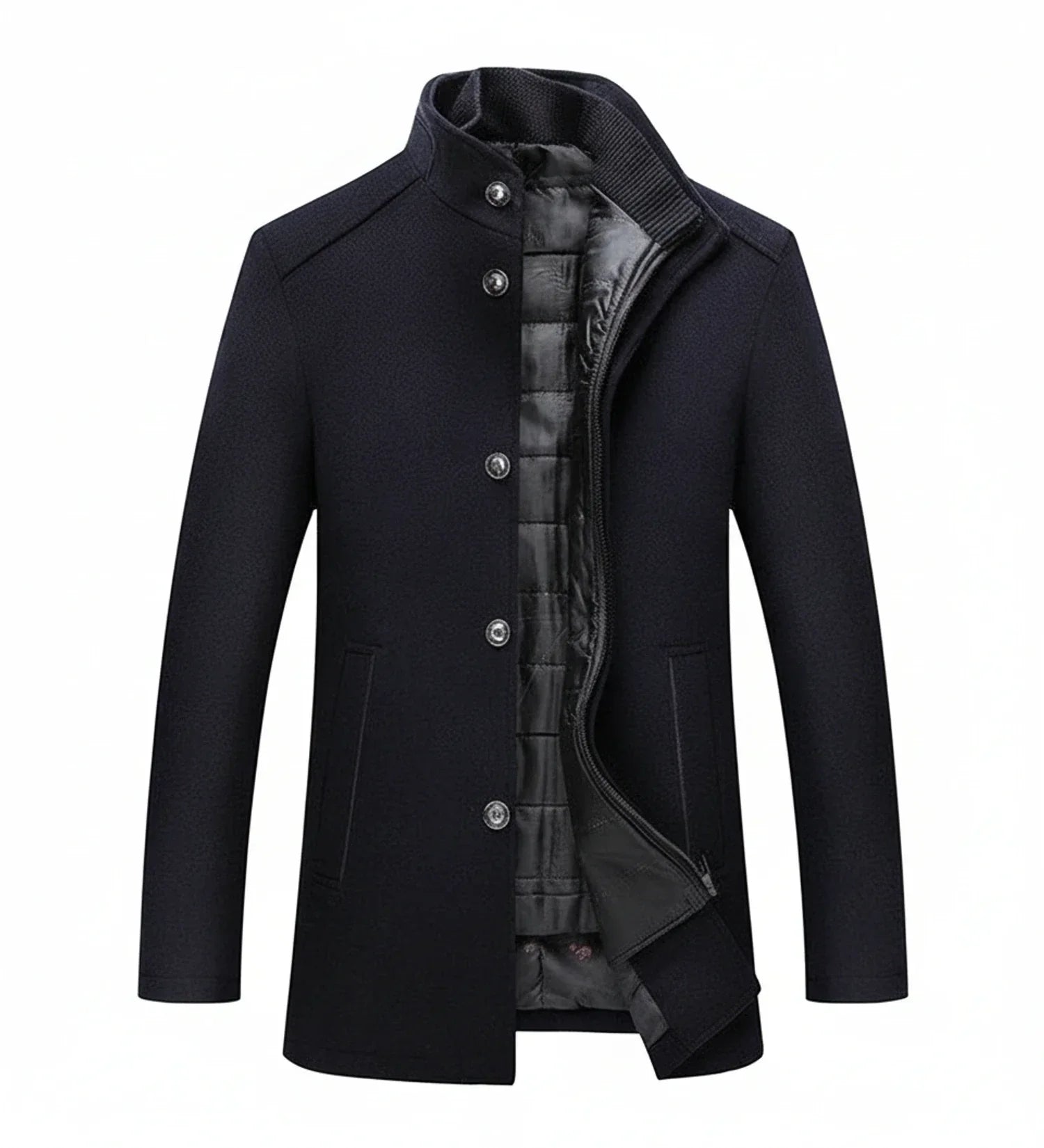 Men's slim fit brown wool overcoat with stand collar and quilted lining for polished everyday style
