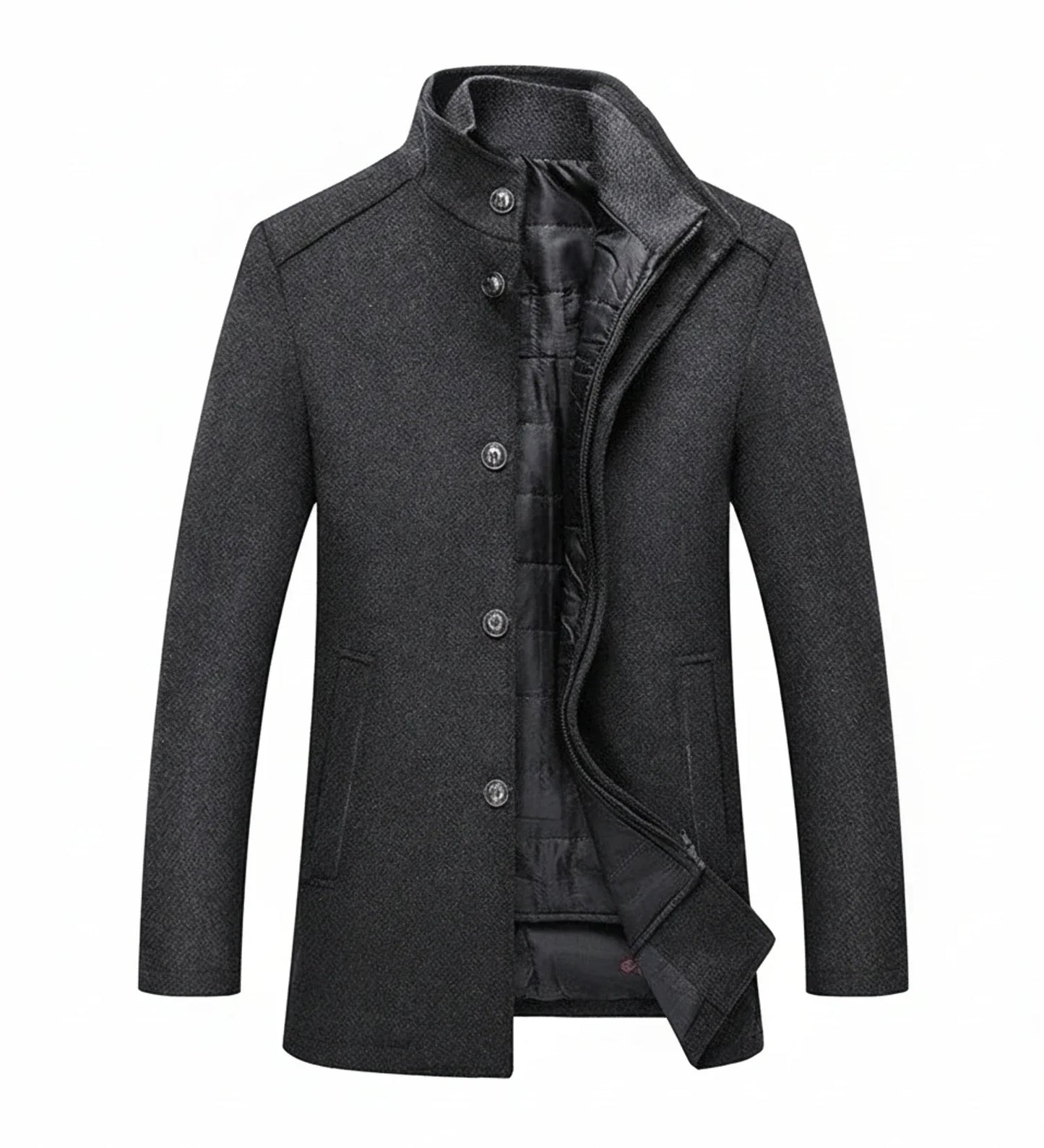 Men's slim fit brown wool overcoat with stand collar and quilted lining for polished everyday style
