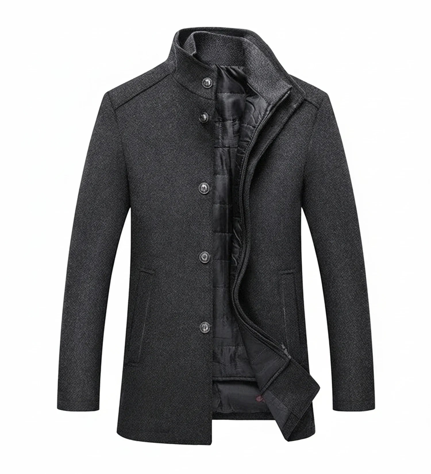 Men's slim fit brown wool overcoat with stand collar and quilted lining for polished everyday style