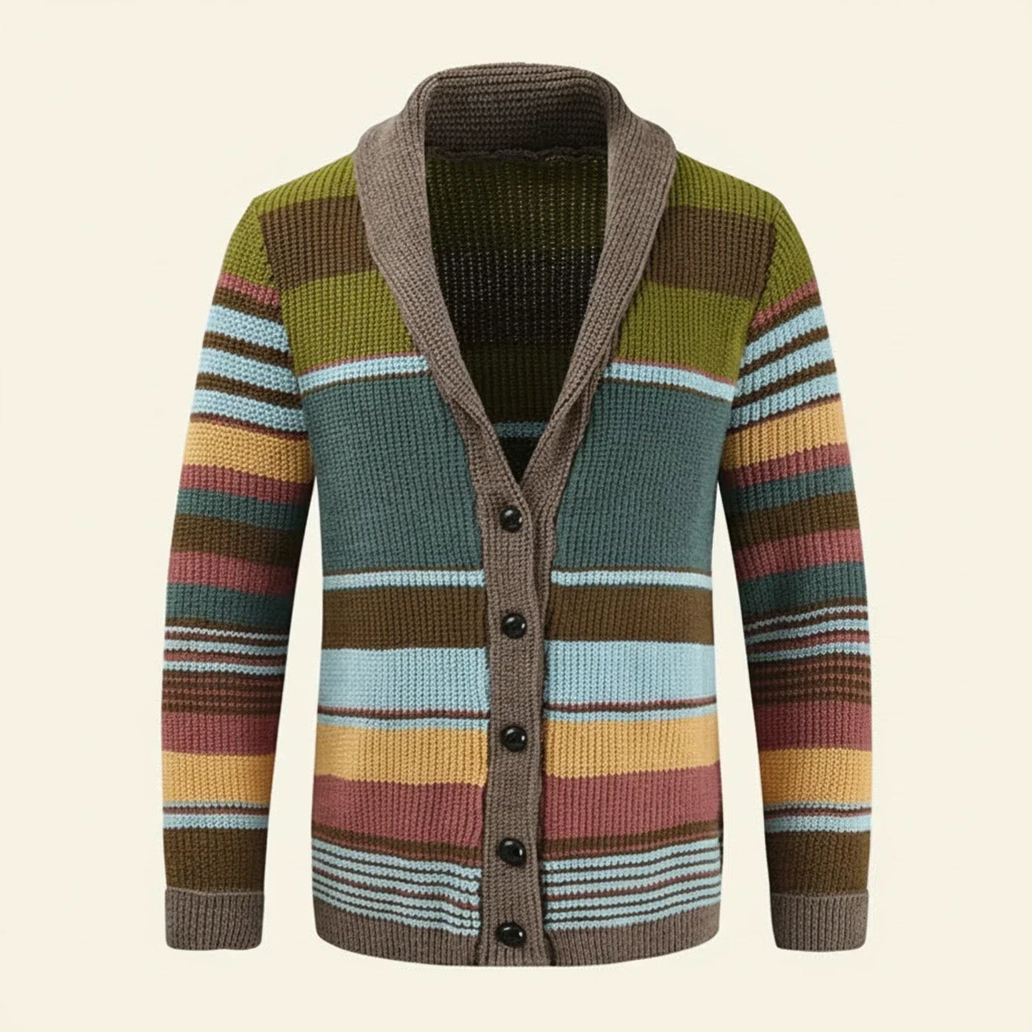 Men's multicolor striped shawl collar cardigan sweater with button front and ribbed knit trim