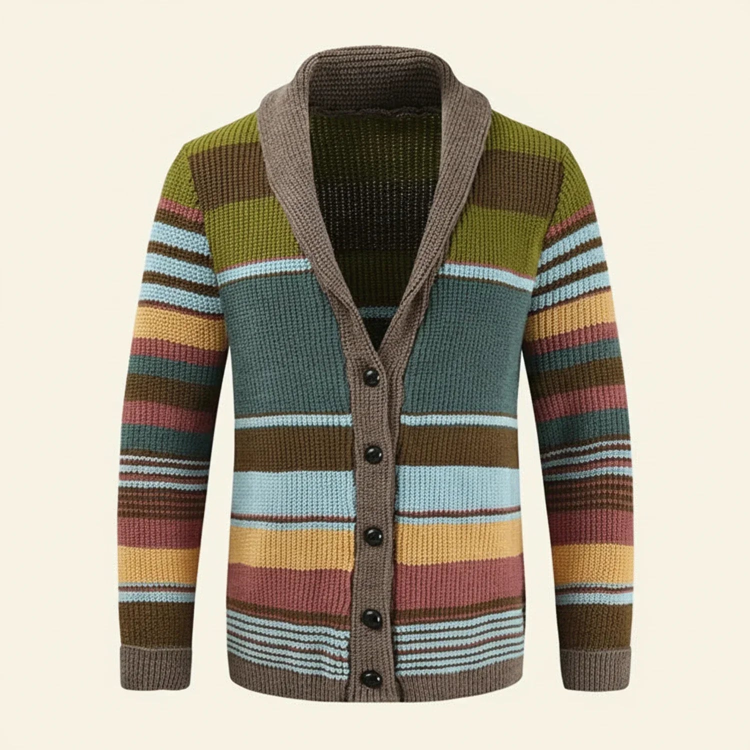 Men's multicolor striped shawl collar cardigan sweater with button front and ribbed knit trim