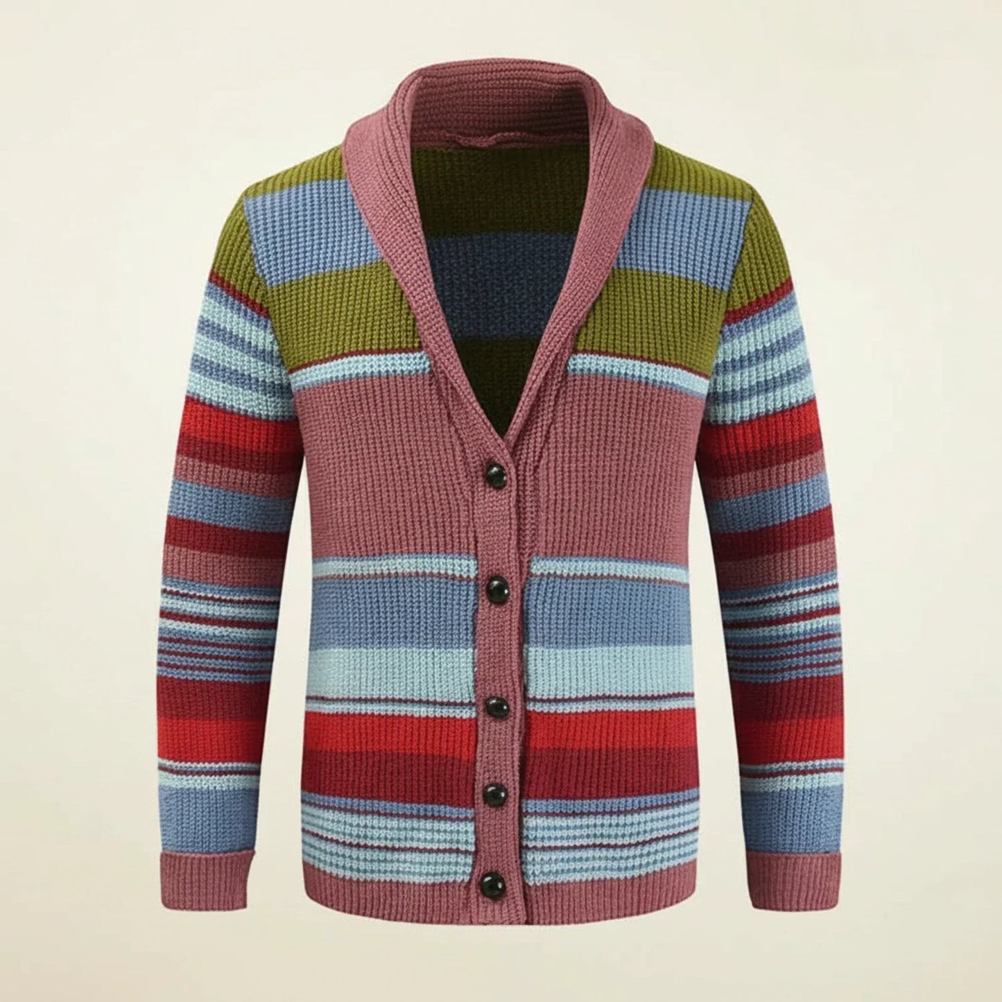 Men's multicolor striped shawl collar cardigan sweater with button front and ribbed knit trim