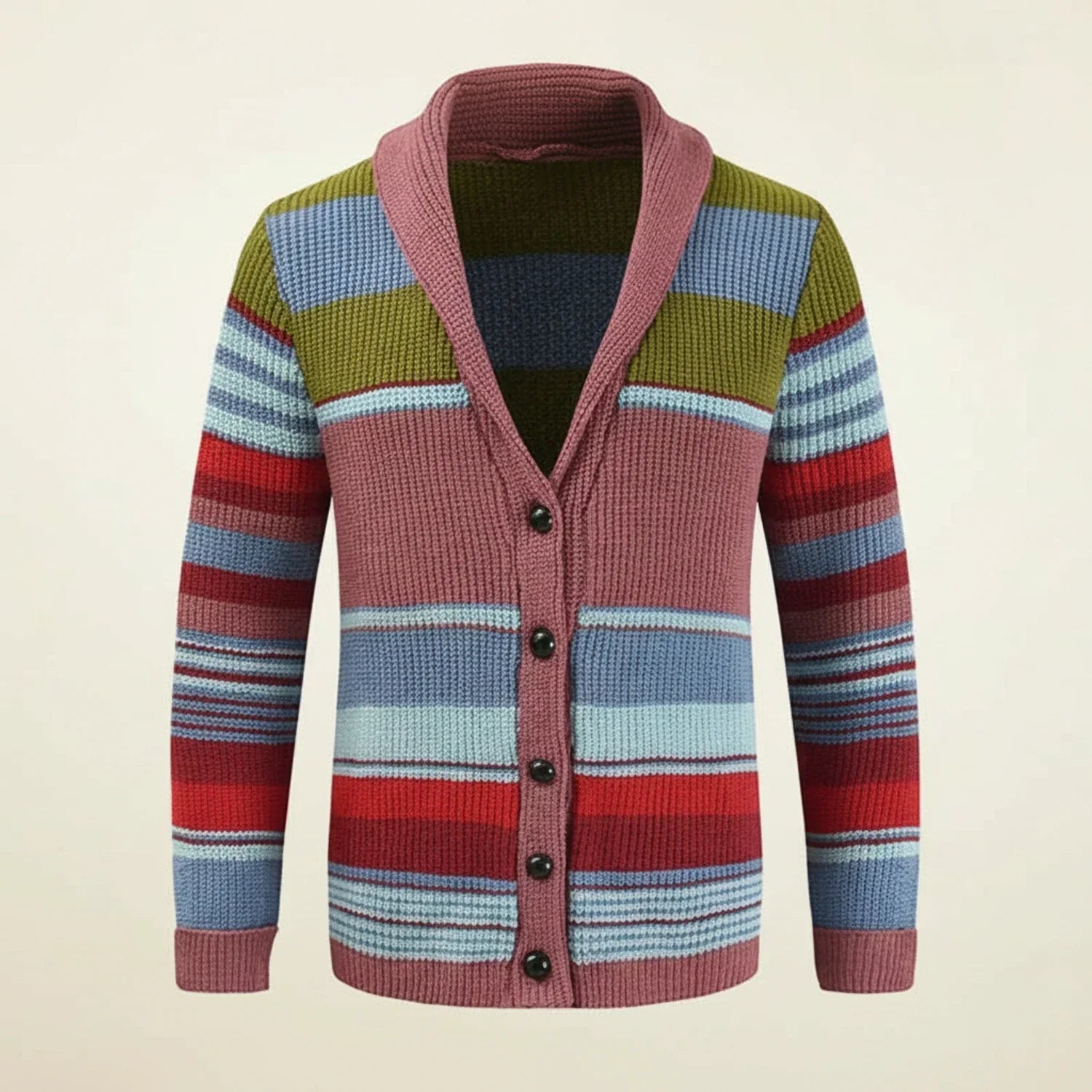 Men's multicolor striped shawl collar cardigan sweater with button front and ribbed knit trim
