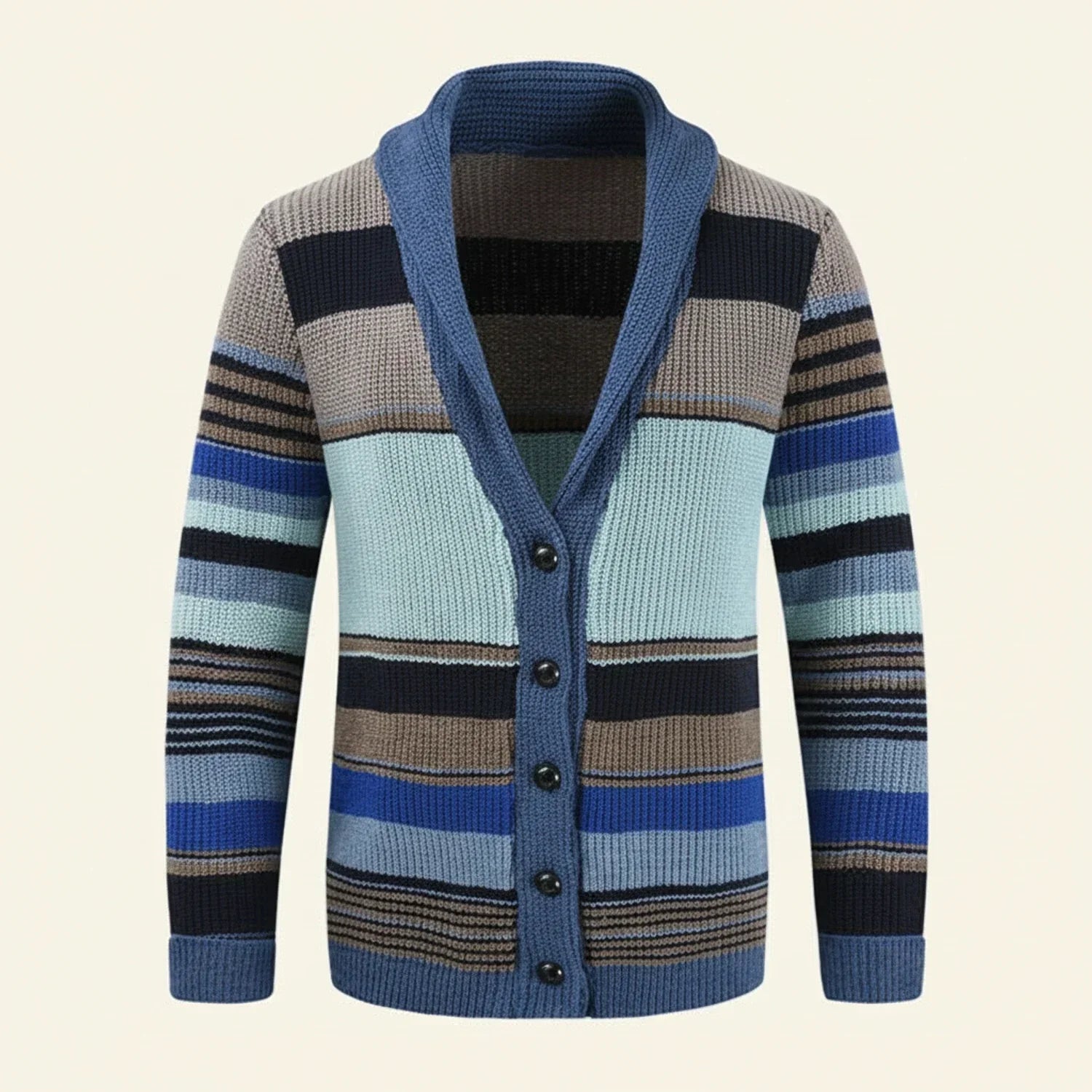 Men's multicolor striped shawl collar cardigan with button front and ribbed knit trim
