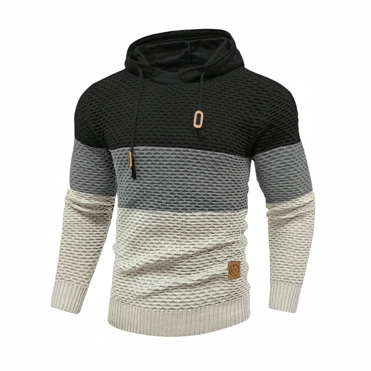 Men's block stripe knit hoodie with drawstring hood, color-blocked silhouette for urban casual style