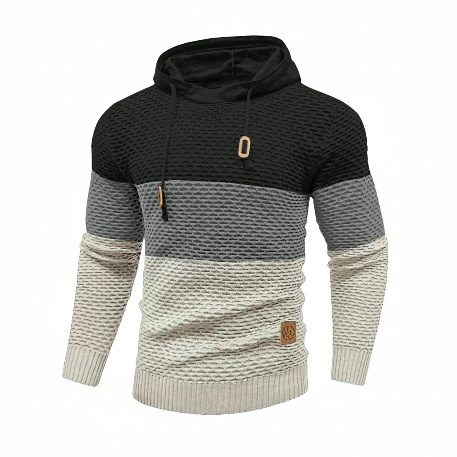 Men's block stripe knit hoodie with drawstring hood, color-blocked silhouette for urban casual style