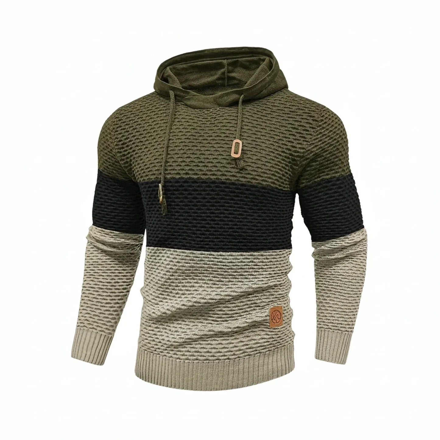 Men's block stripe knit hoodie with drawstring hood, color-blocked silhouette for urban casual style