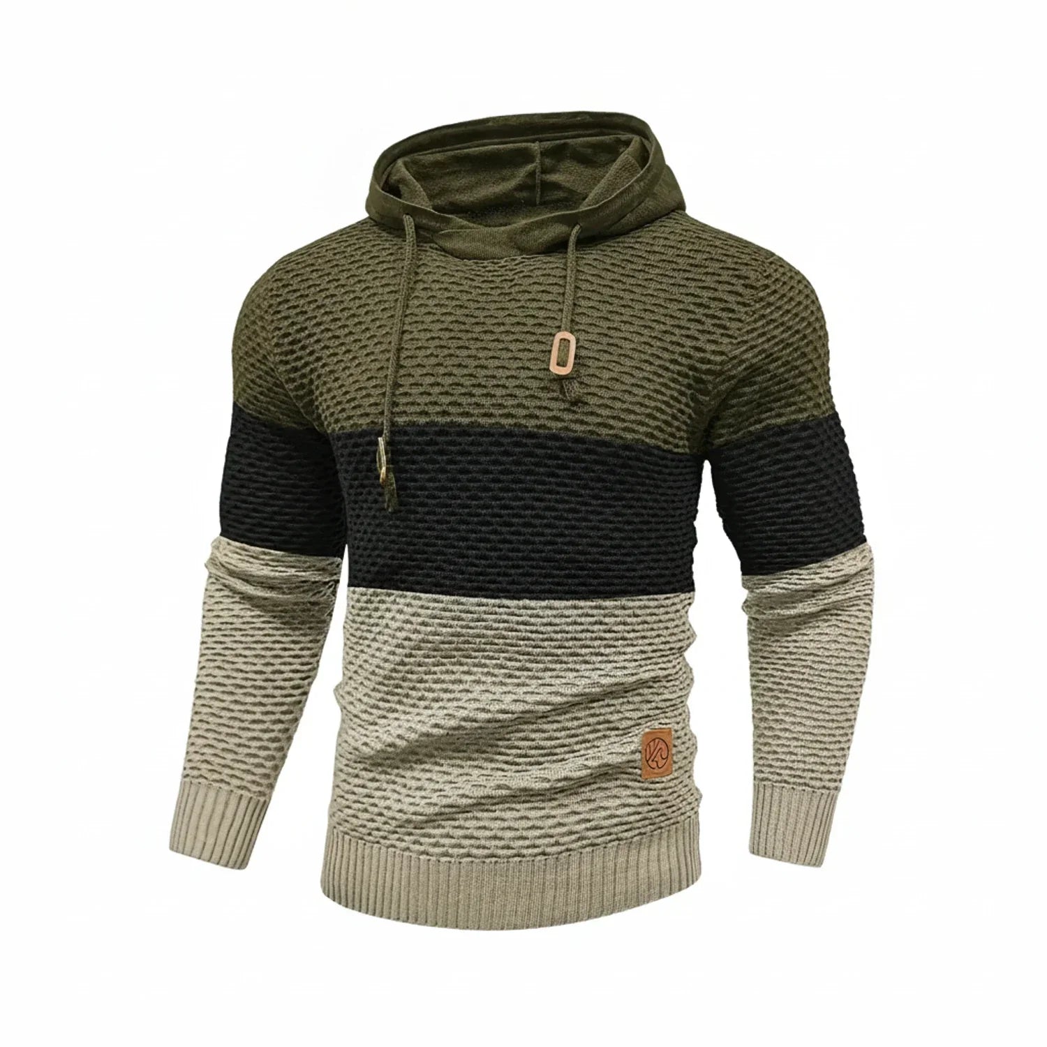 Men's block stripe knit hoodie with drawstring hood, color-blocked silhouette for urban casual style