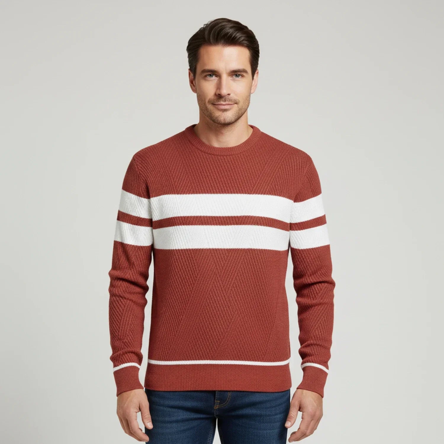 Men's olive green striped knit crew neck sweater with white band detailing for modern casual style
