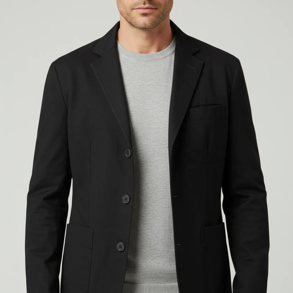 Men's casual blazer notch lapel three-button tan tweed with elbow patches and patch pockets