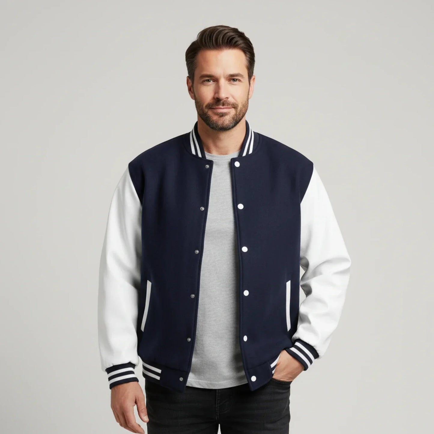 Men's black white color block varsity jacket contrast sleeves ribbed trim snap closure sporty fit