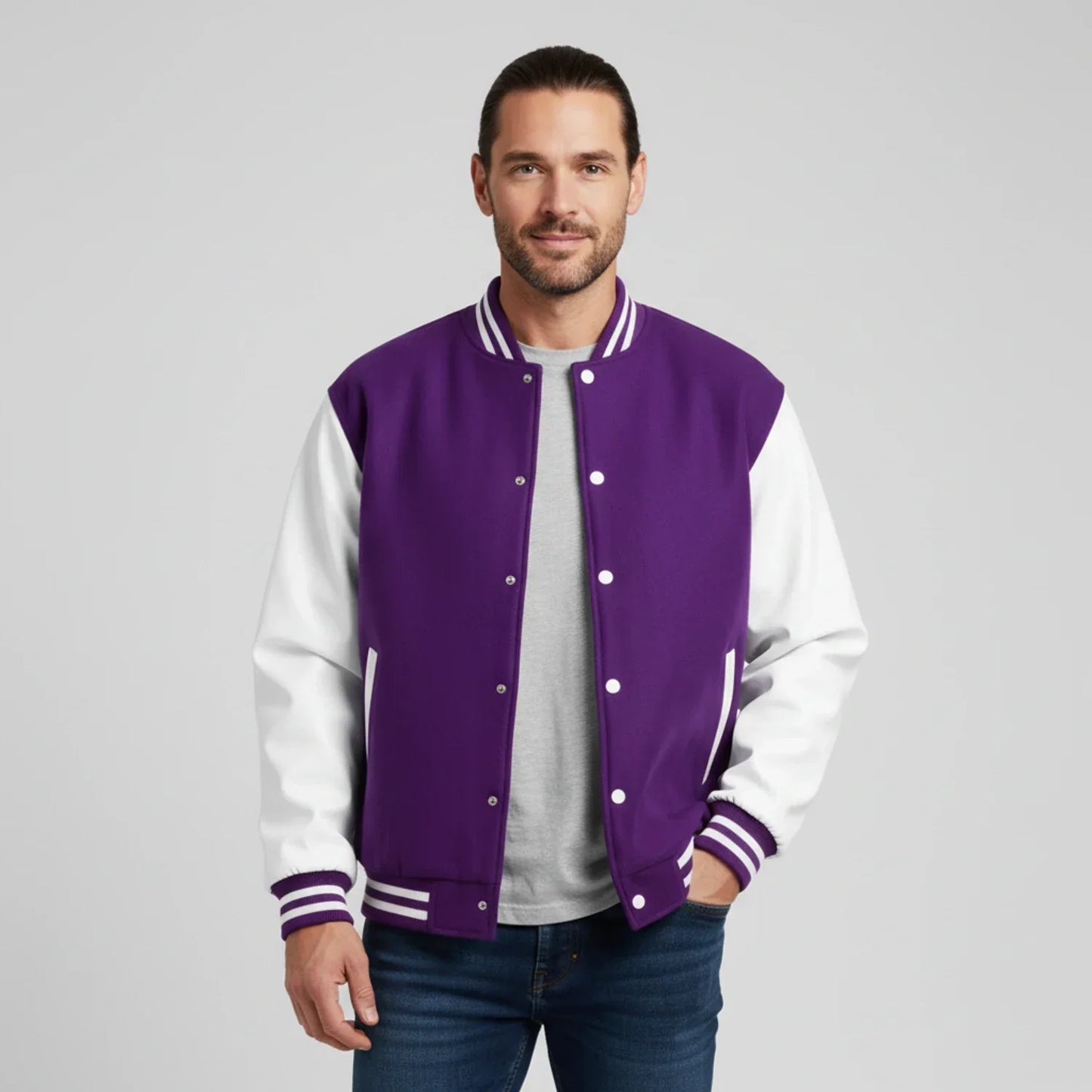 Men's black white color block varsity jacket contrast sleeves ribbed trim snap closure sporty fit