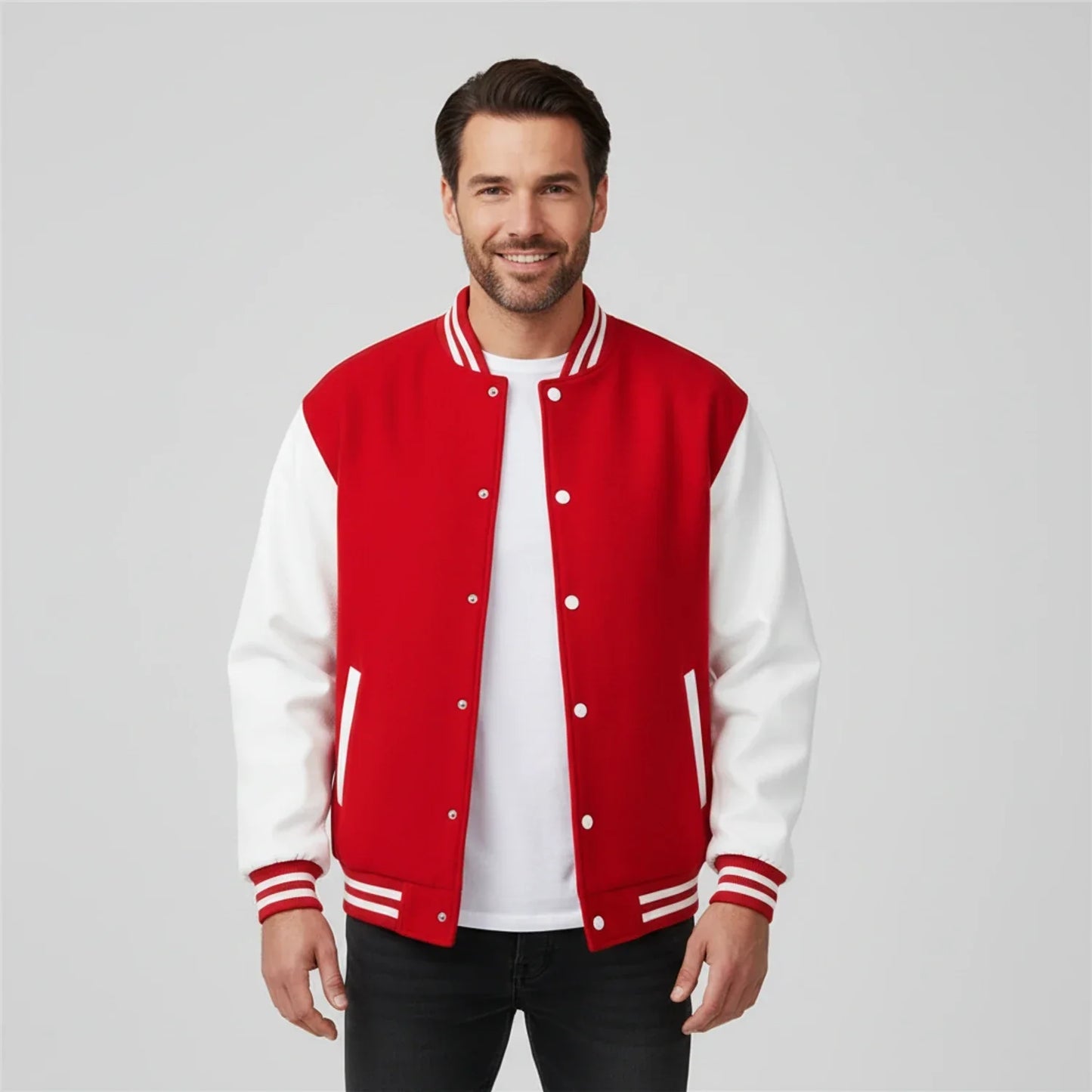 Men's black white color block varsity jacket contrast sleeves ribbed trim snap closure sporty fit