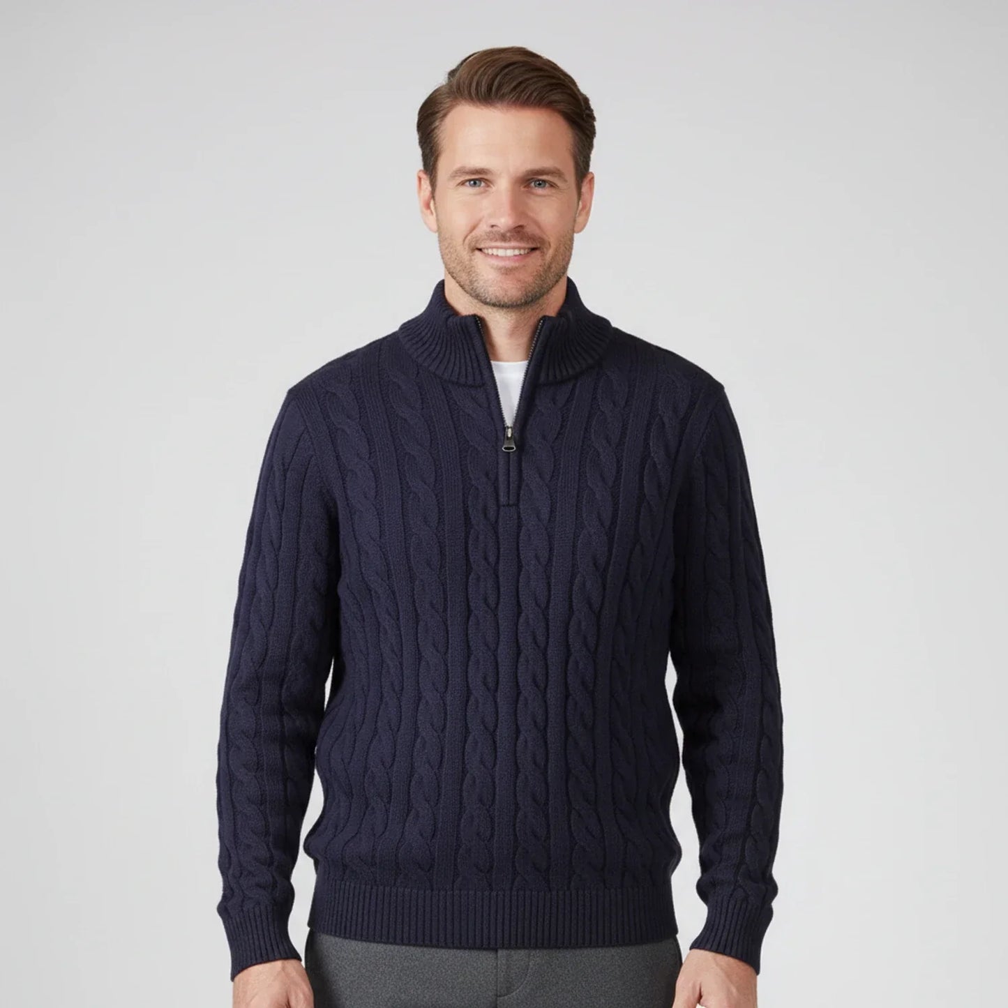 Men's cable knit zip neck sweater with stand collar, textured braided pattern for layering