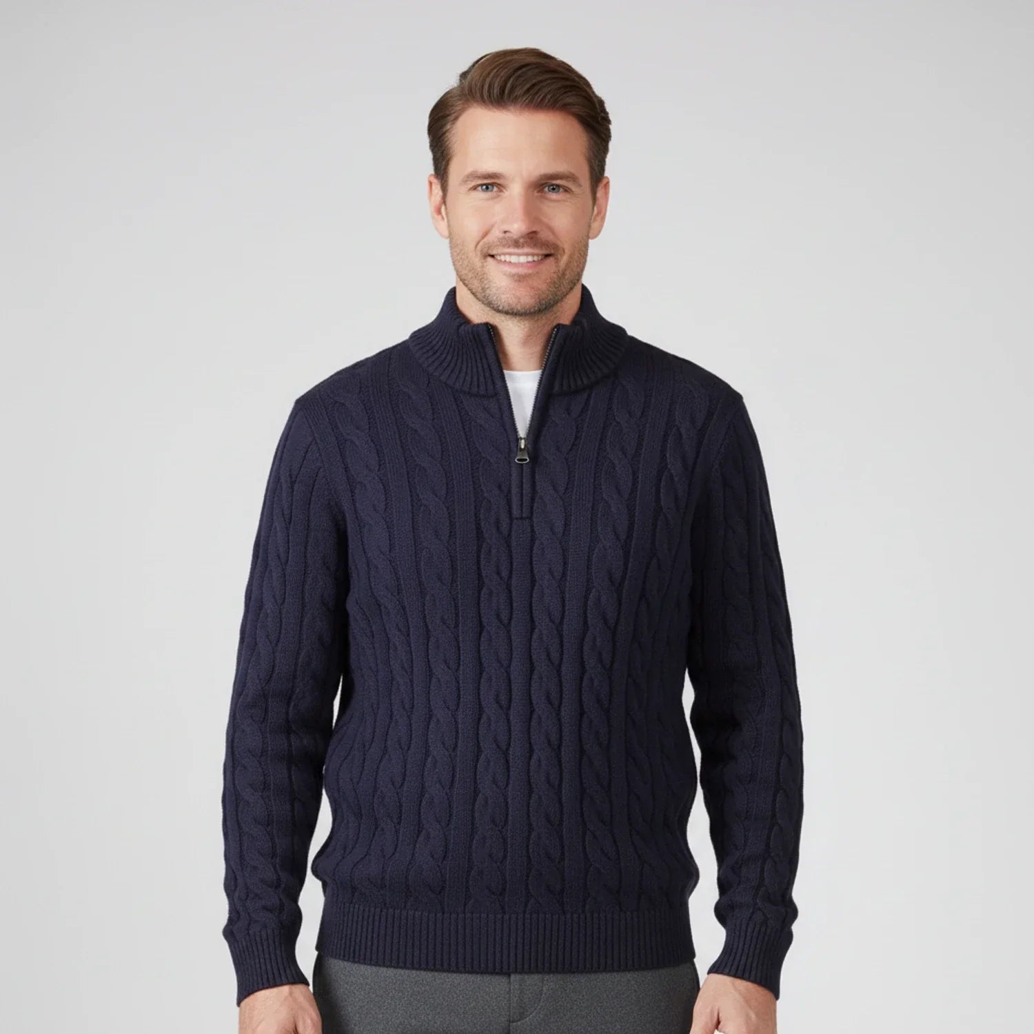 Men's cable knit zip neck sweater with stand collar, textured braided pattern for layering