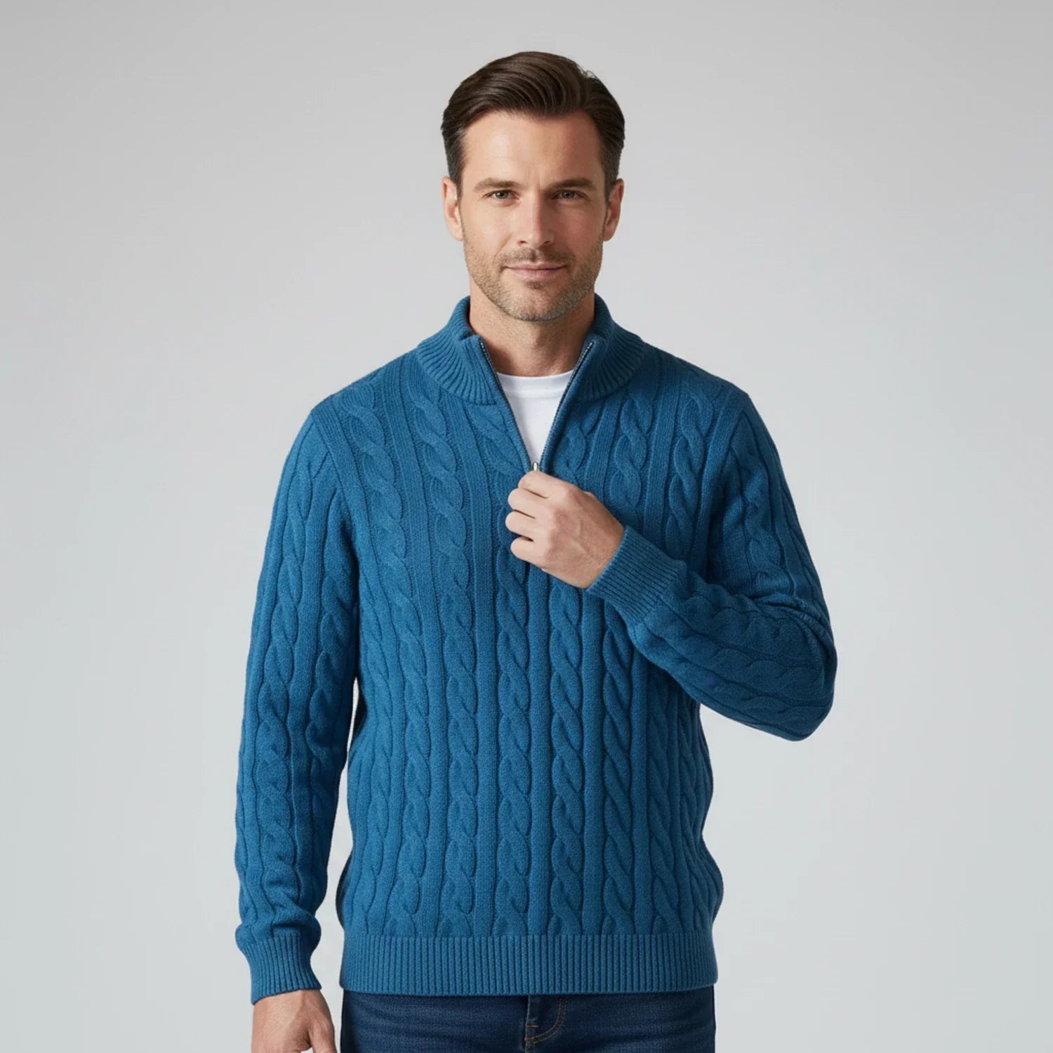 Men's cable knit zip neck sweater with stand collar, textured braided pattern for layering warmth