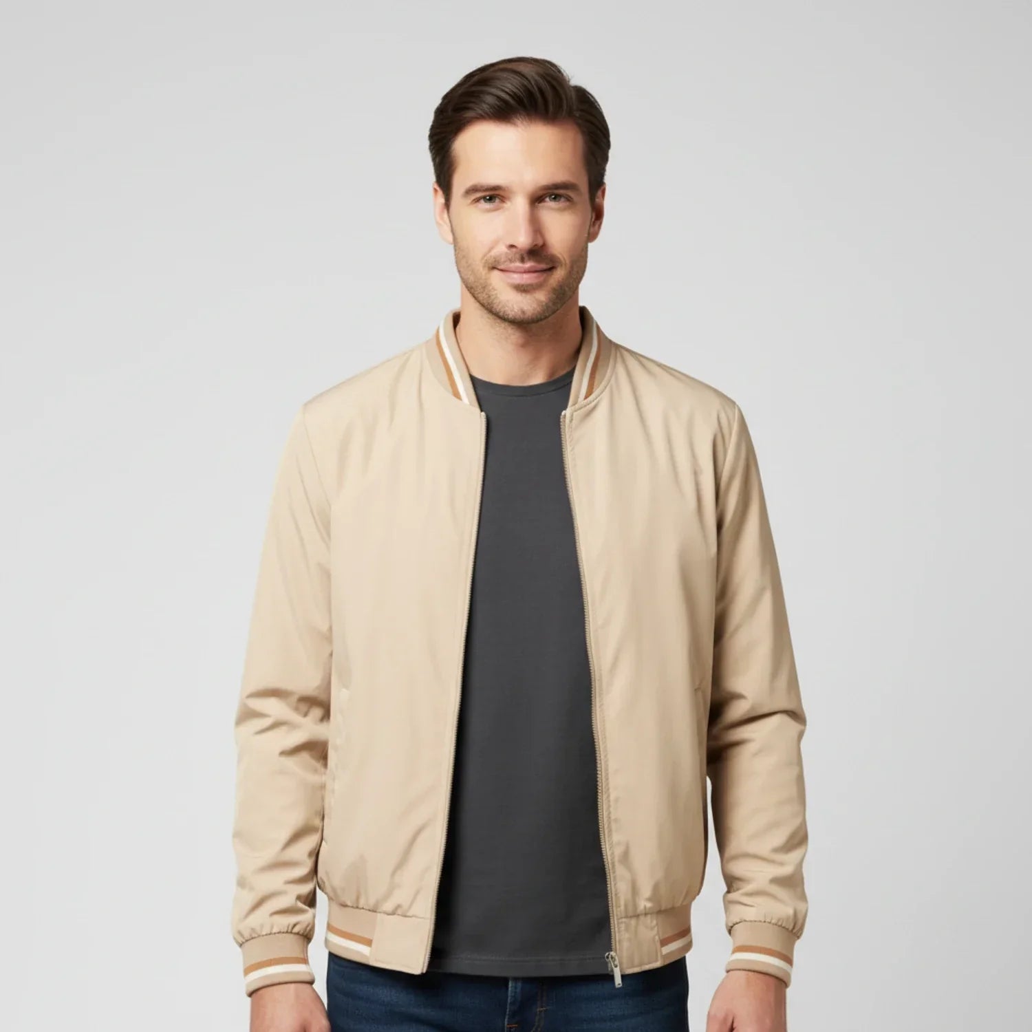Men's lightweight zip-up bomber jacket versatile stand collar slim fit casual semi-formal style