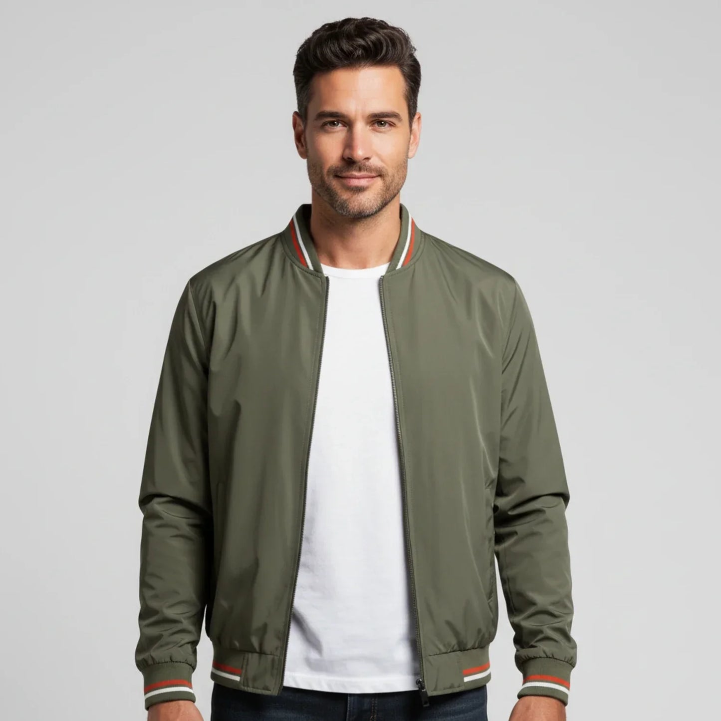 Men's lightweight zip-up bomber jacket with stand collar, versatile casual to semi-formal style