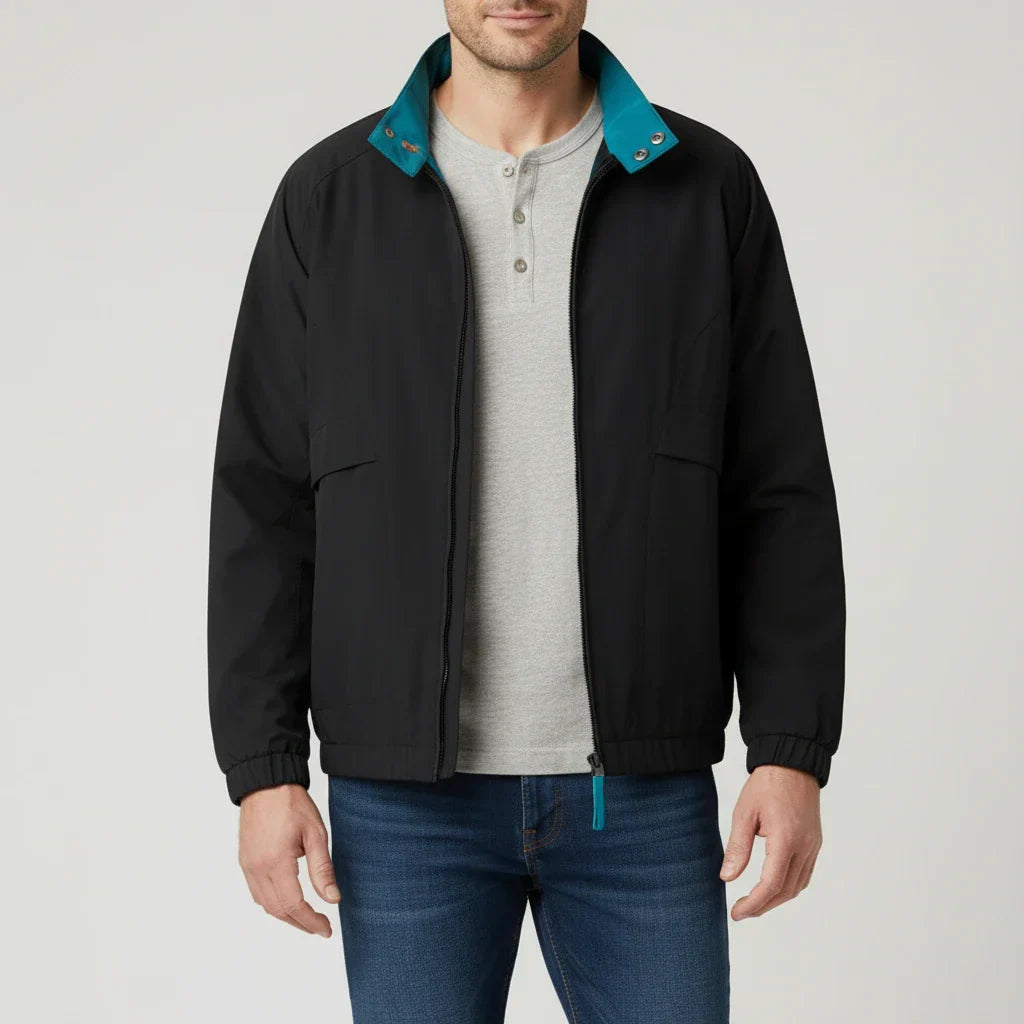 Men's lightweight zip-up windbreaker jacket with stand collar, welt pockets, bomber-inspired silhouette