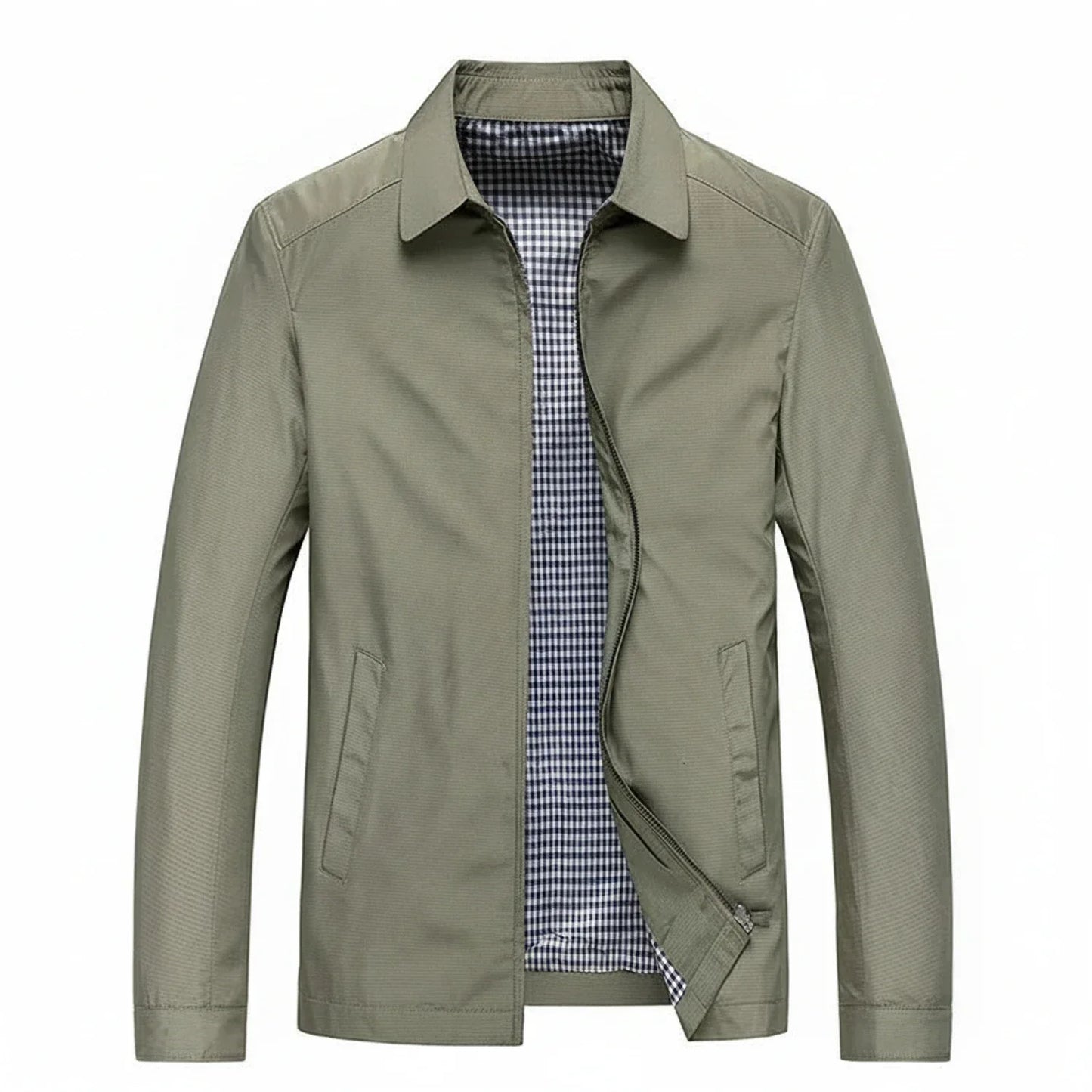 Men's lightweight zip-up jacket with plaid lining, collared casual fit in neutral tones