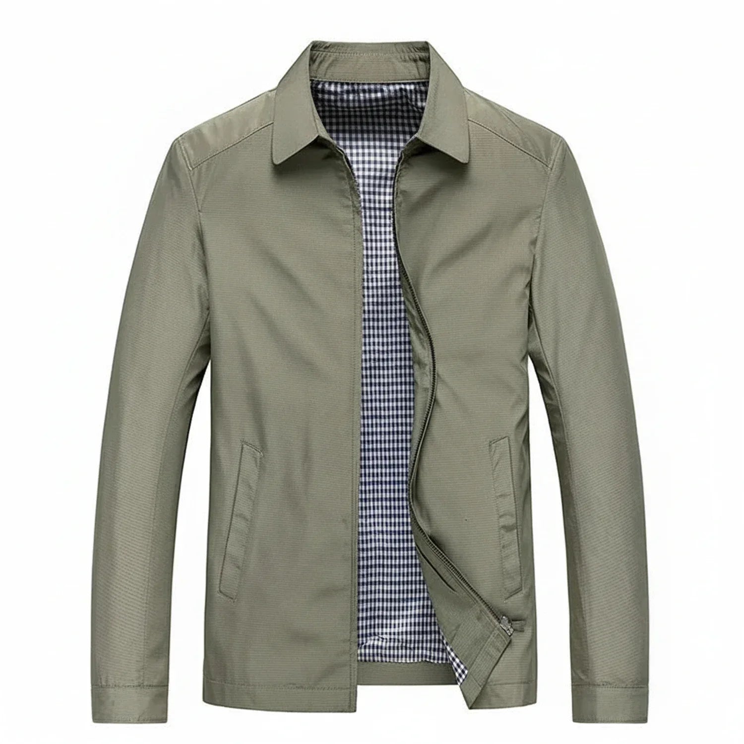Men's lightweight zip-up jacket with plaid lining, collared casual fit in neutral tones
