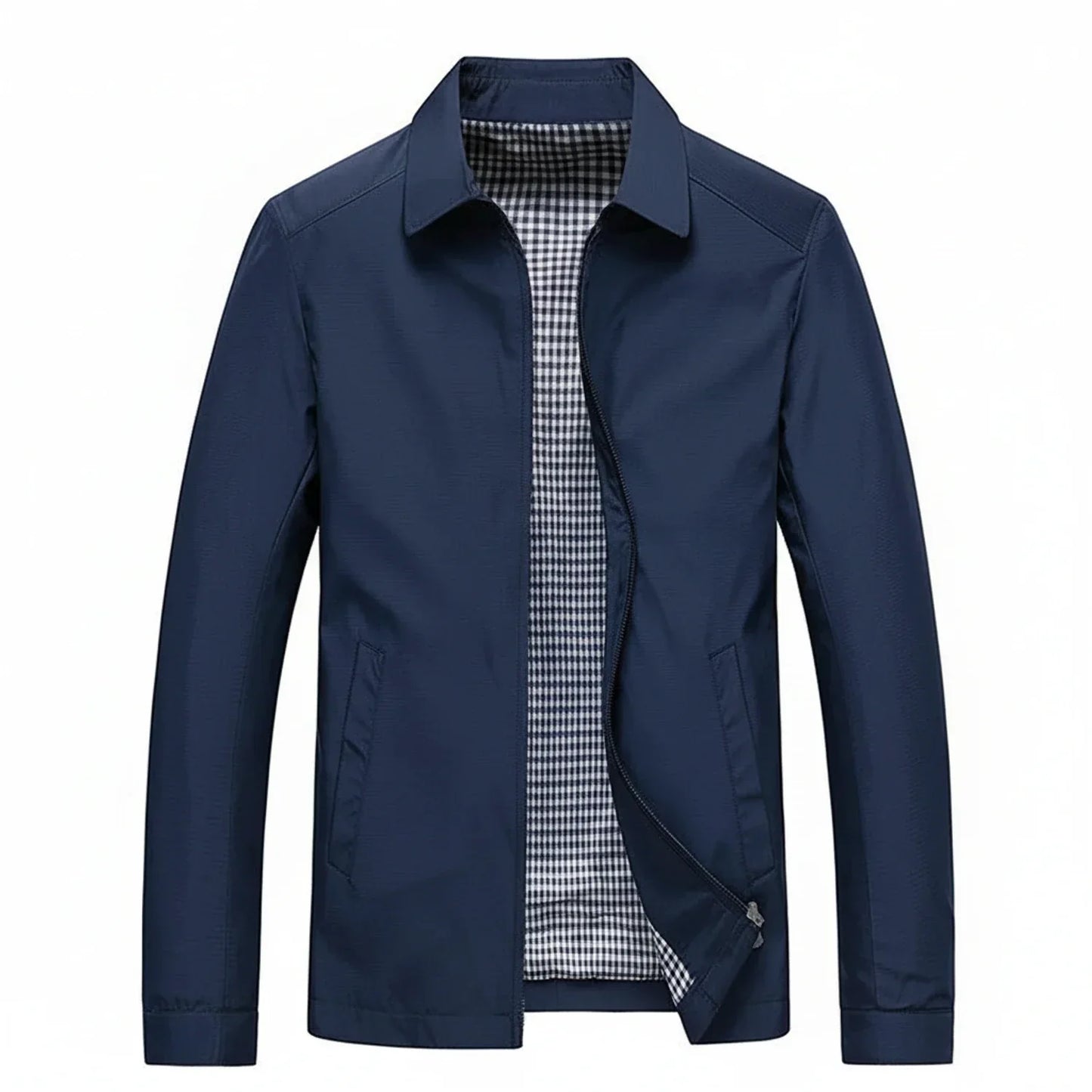 Men's lightweight zip-up jacket navy collared casual style with plaid lining interior detail