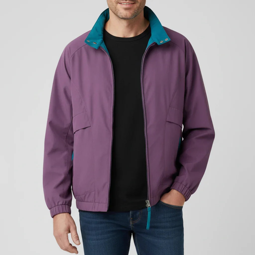 Men's lightweight windbreaker jacket with stand collar, zip-up closure, and welt pockets in modern bomber style