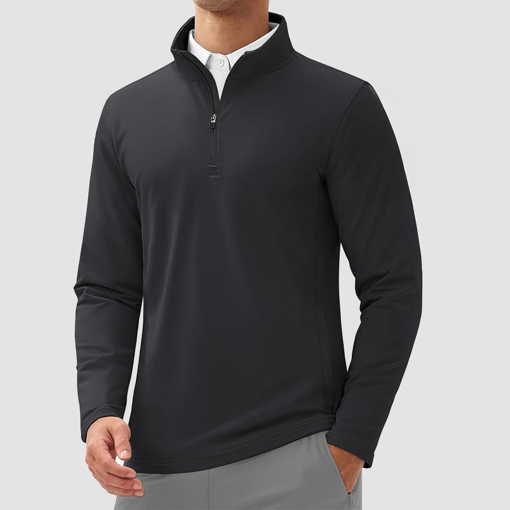 Men's golf quarter-zip pullover fleece-lined water-resistant winter warmth stretch polyester