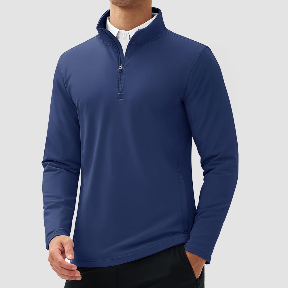 Men's golf quarter zip pullover fleece-lined water resistant stretch fabric winter warmth slim fit