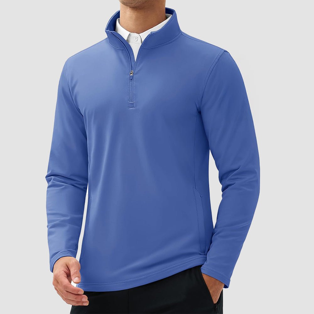 Men's fleece-lined quarter zip golf pullover water-resistant stretch fabric winter warmth wind protection