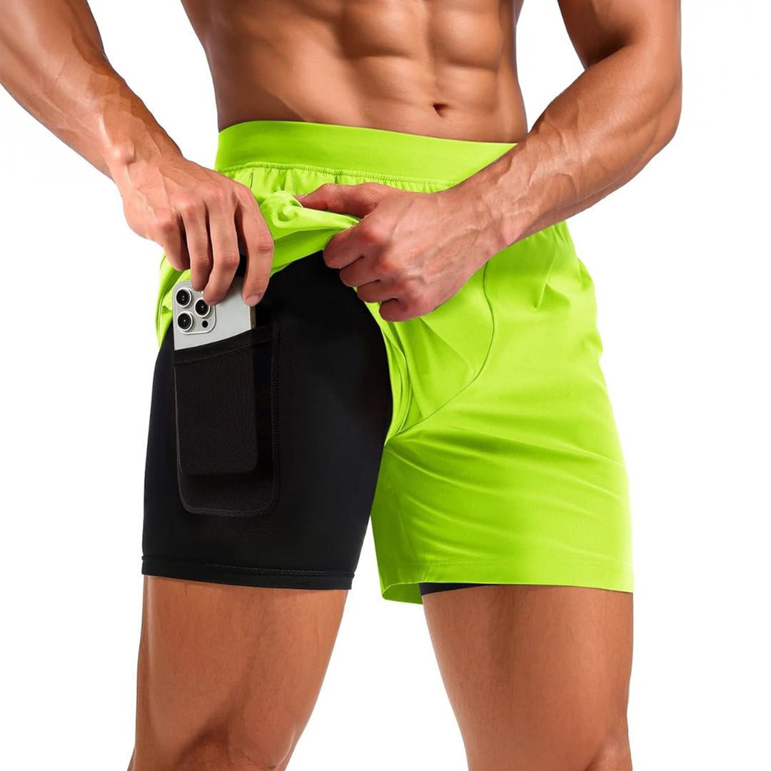Men's 2-in-1 quick dry running shorts black lightweight 4-way stretch with built-in compression liner