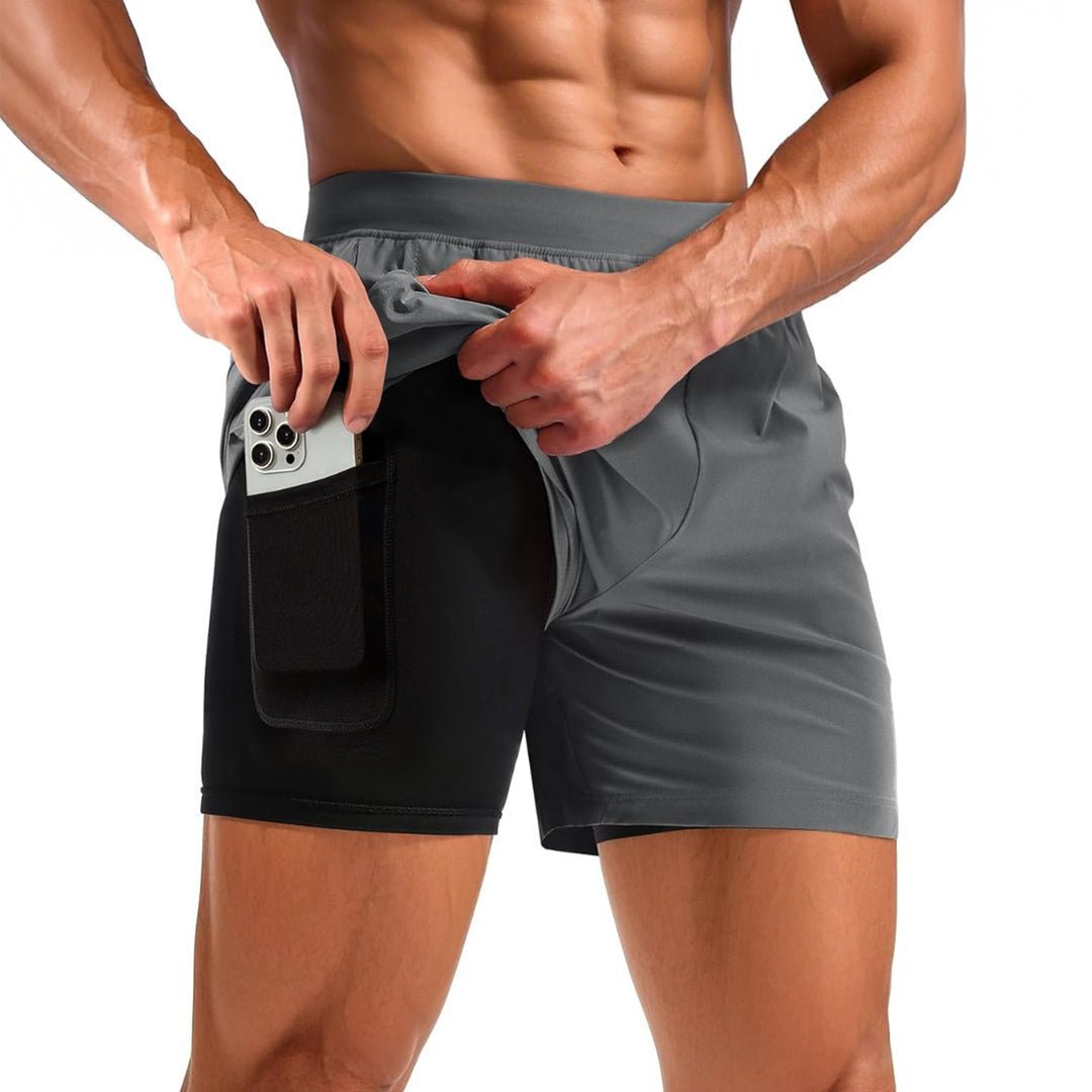 Men's 2-in-1 quick dry running shorts black lightweight 4-way stretch with built-in compression liner