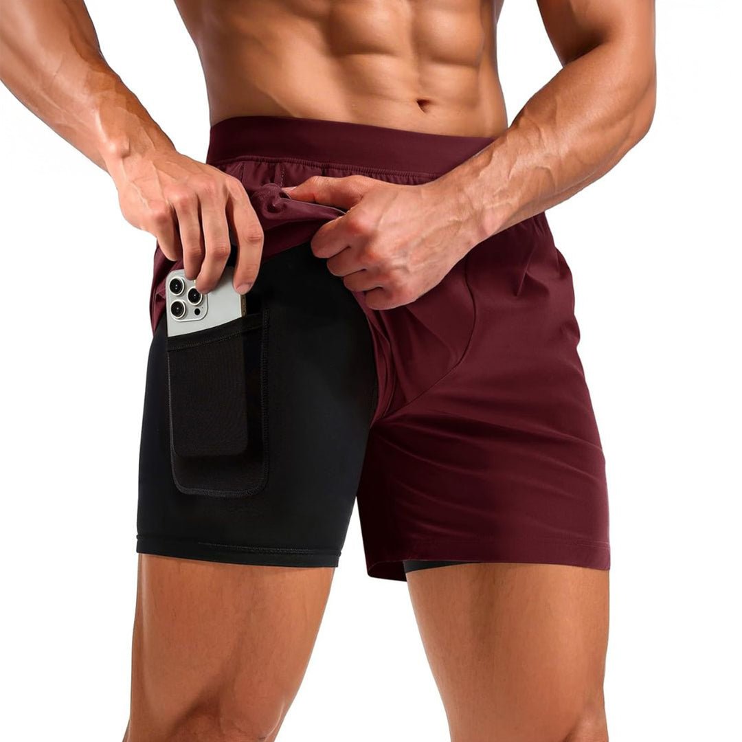 Men's 2-in-1 quick dry running shorts black lightweight 4-way stretch built-in compression liner pockets