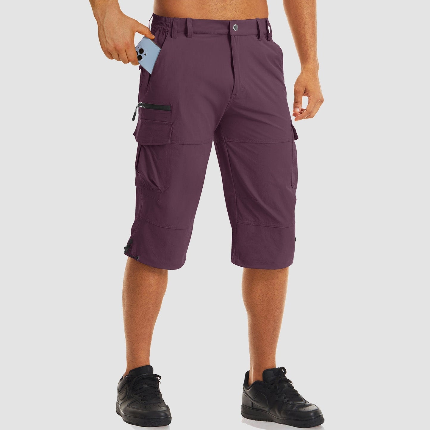 Men's khaki ripstop capri hiking shorts, quick-dry stretch fabric, 15-16 inch inseam knee length