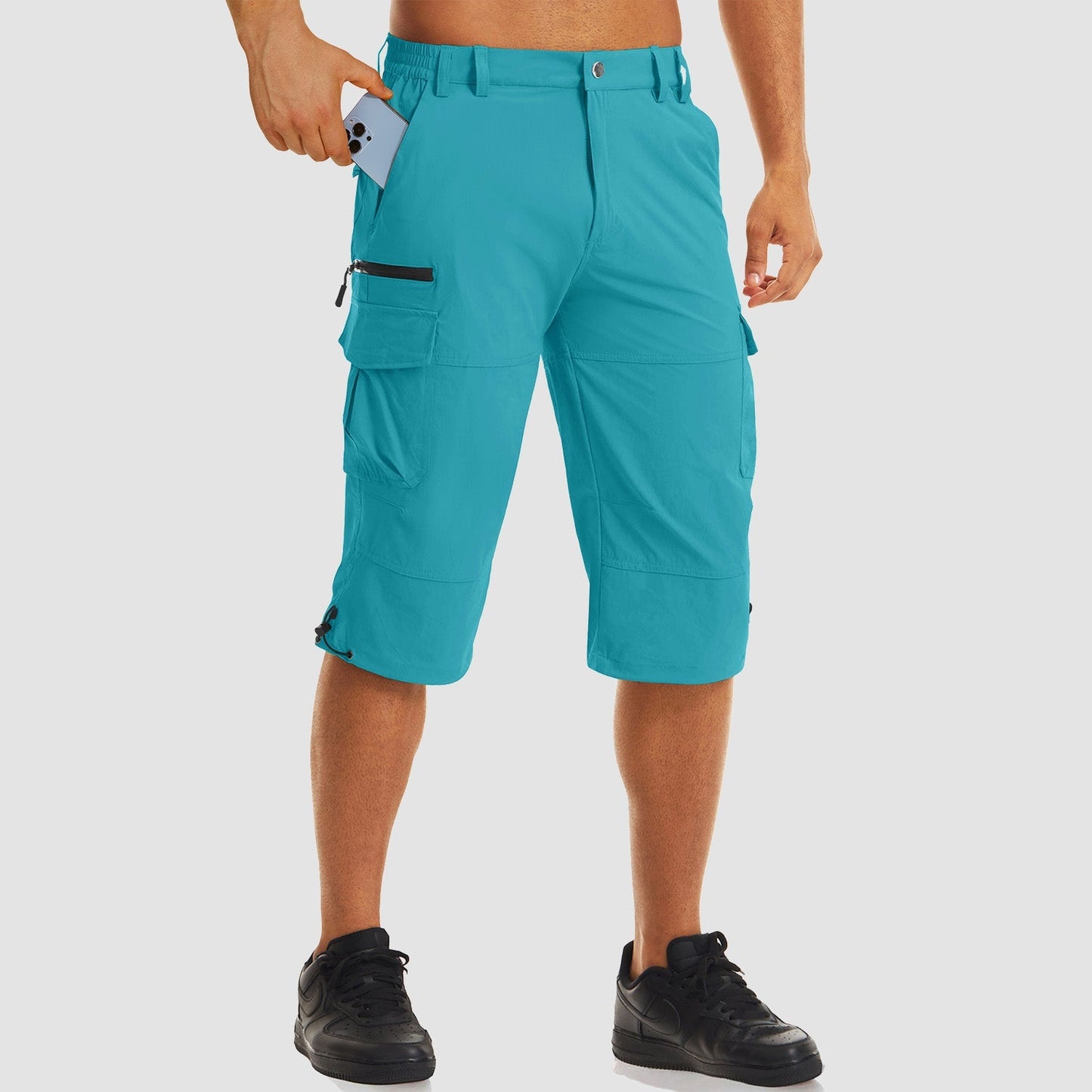 Men's khaki ripstop capri hiking shorts quick-dry stretch fabric 15-16 inch inseam knee length